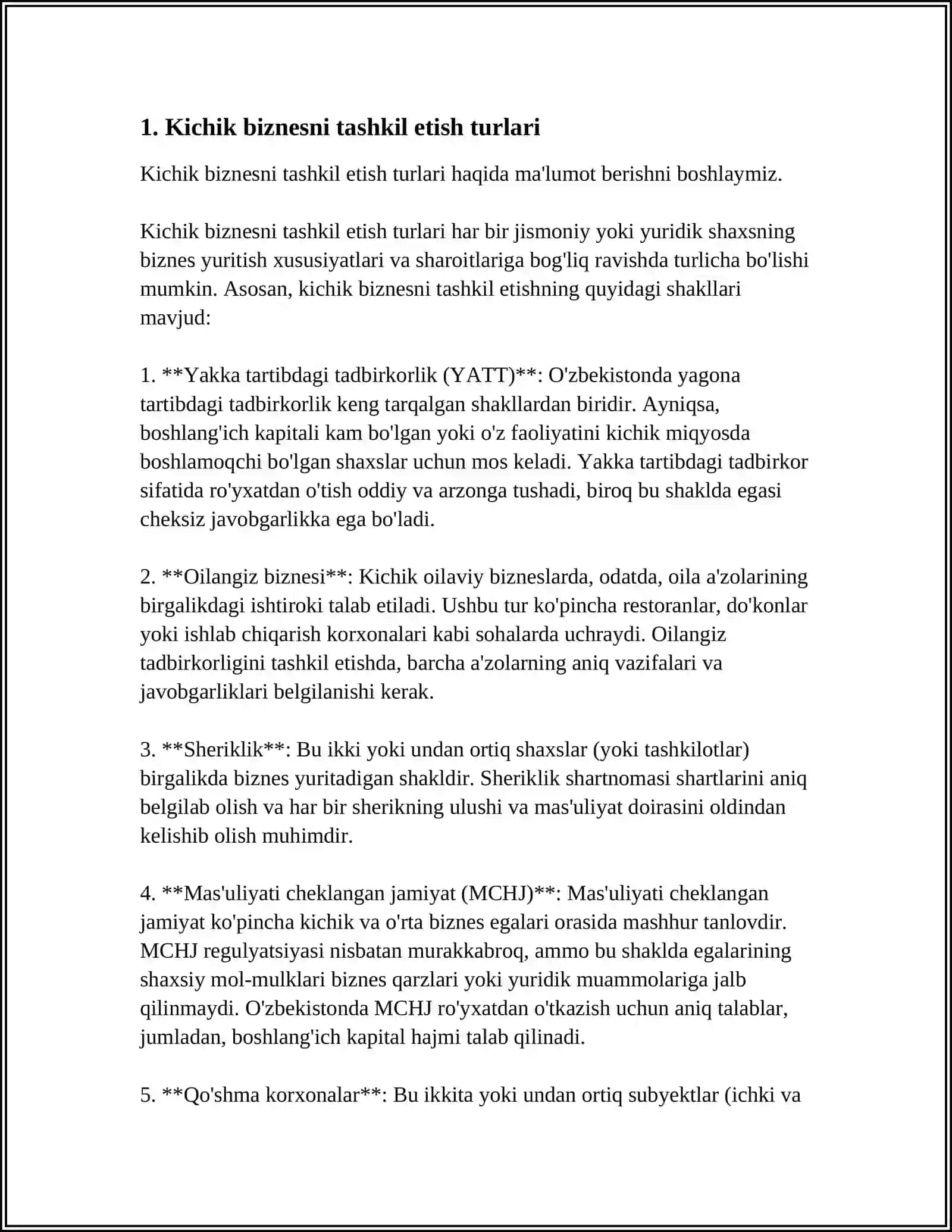 KICHIK BIZNES VA TADBIRKORLIKNING TURLARI HAMDA SHAKILLARI 3