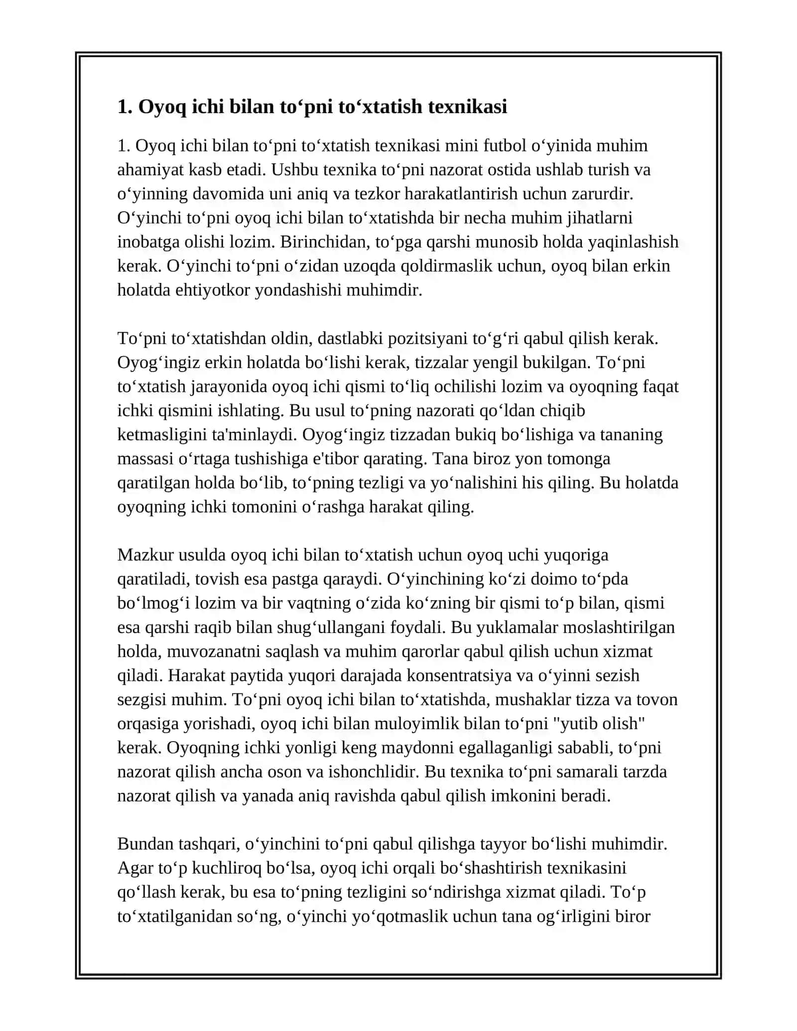 MINI FUTBOL OʻYINIDA TOʻPNI BOSHQARISH TEXNIKASINI OʻRGATISH (TOʻPNI TOʻXTATISH) 3