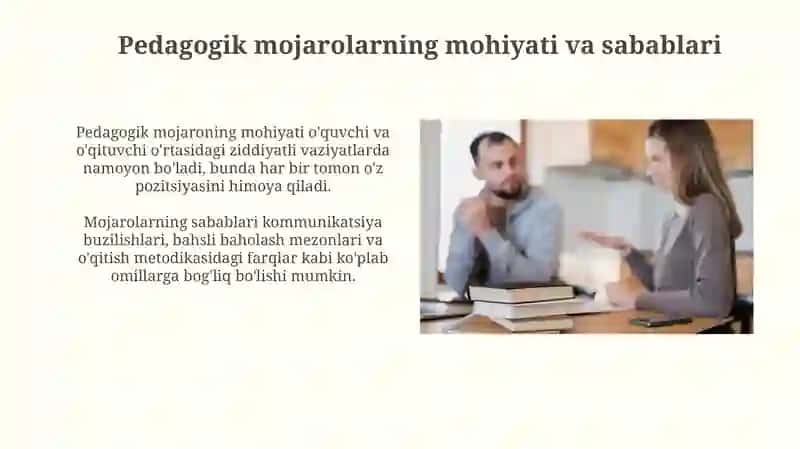 Pedagogik konfliktlarni bartaraf etish sharti va omillari 3
