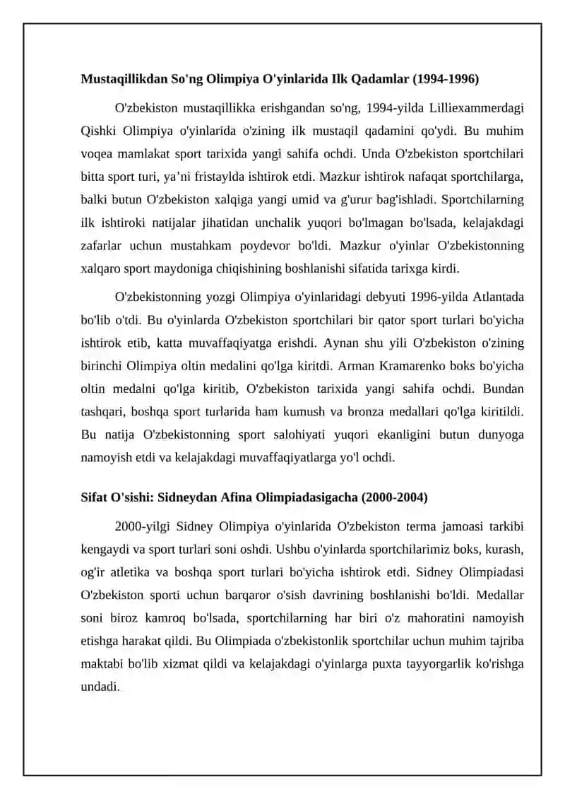 O'zbekiston Olimpiya o'yinlarida: Ishtirok tarixi va natijalar 3