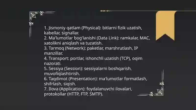 Kompyuter tarmoqlarining asosiy arxitektura modellari (OSI va TCP |IP) hamda ulardagi protokollar. L2TP (Layer 2 Tunneling Protocol) va qo‘llanilishi 3