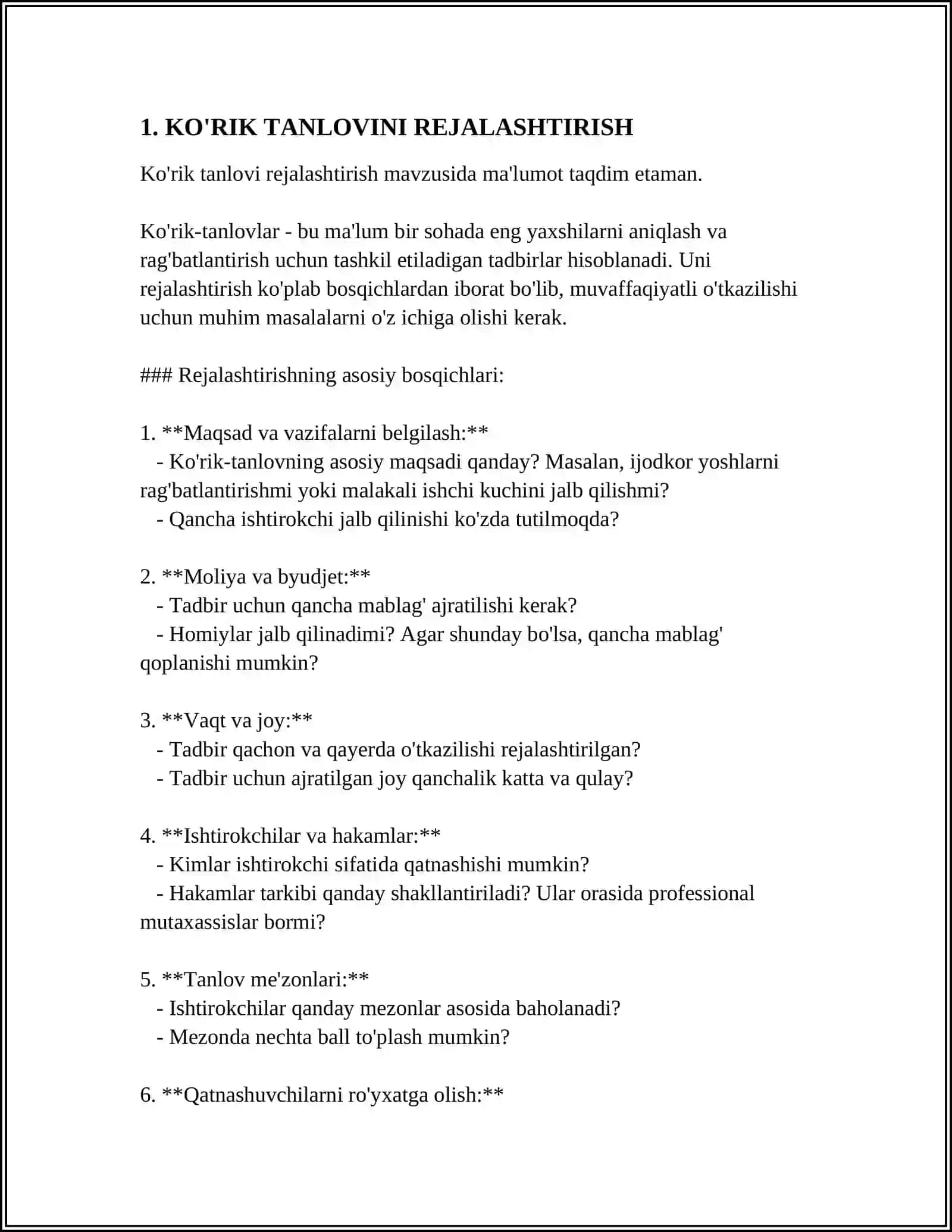MUSTAQIL ISH Mavzu: KO'RIK TANLOV O'TKAZISH METODIKASI 3