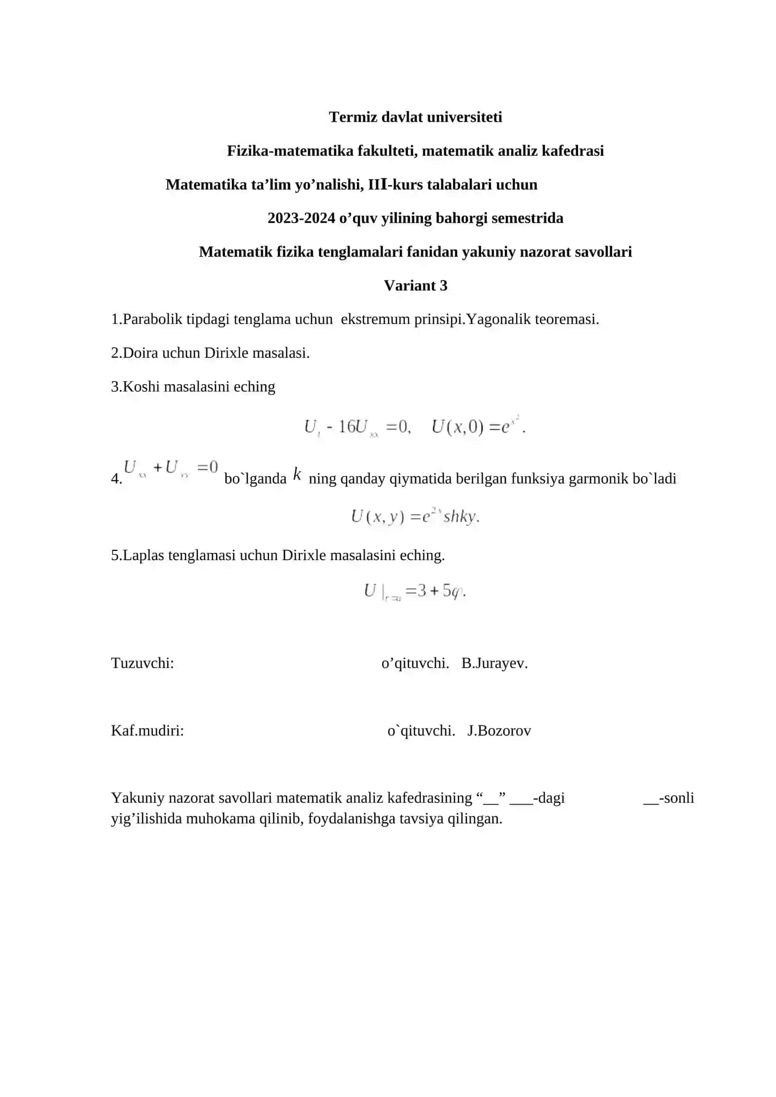 Matematik fizika tenglamalari fanidan yakuniy nazorat savollari 3