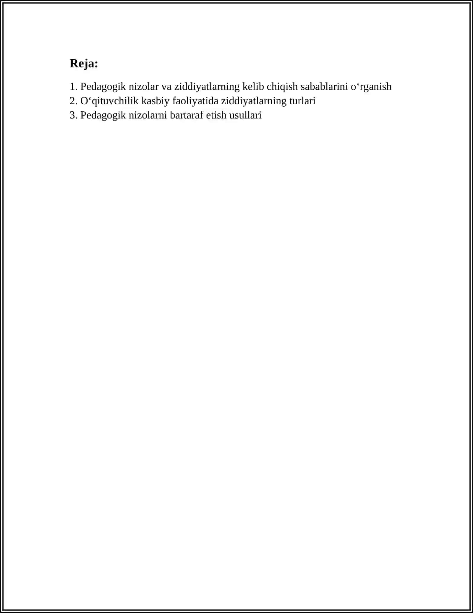 MUSTAQIL ISH Mavzu: ÒQITUVCHILIK KASBIY FAOLIYATIDA PEDAGOGIK NIZOLAR VA ZIDDIYATLAR.ULARNI BARTARAF ETISHNING PEDAGOGIK PSIXOLOGIK TALQINI 3