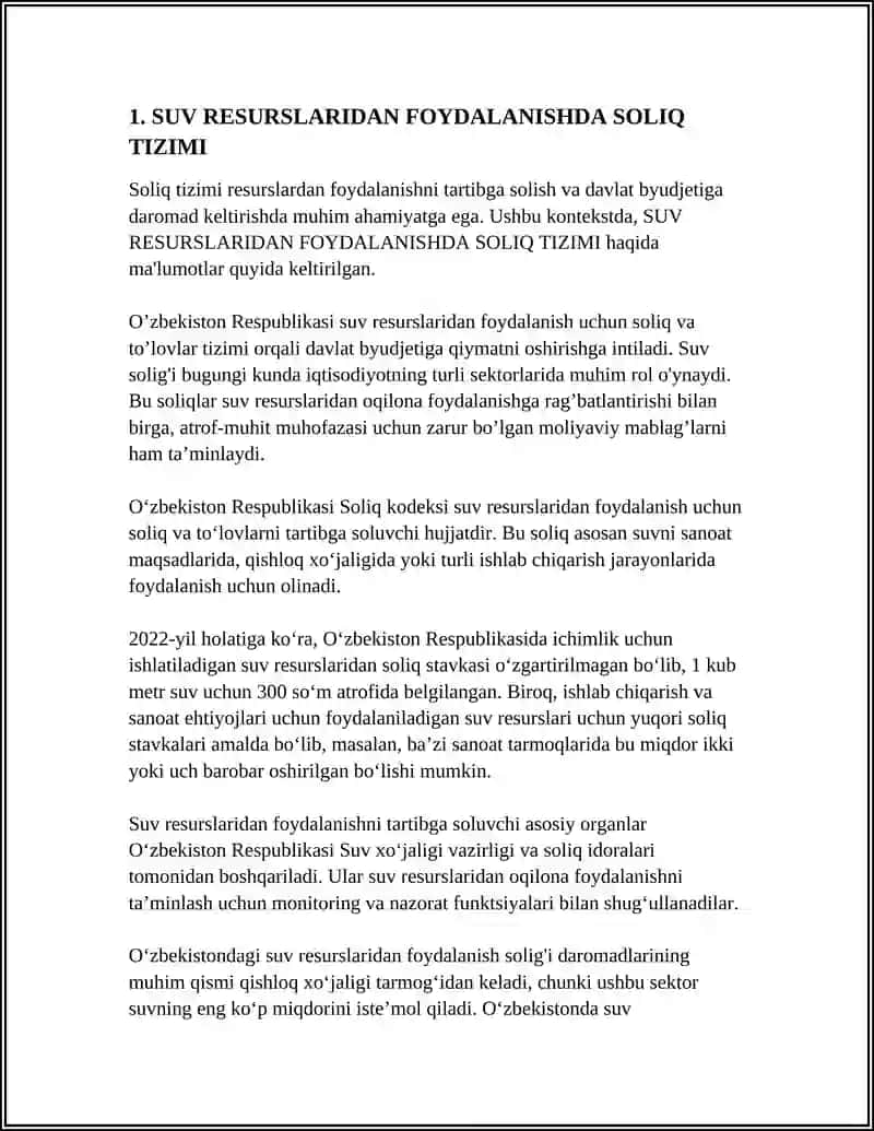 SUV RESURSLARIDAN FOYDALANGANLIK UCHUN SOLIQ 3