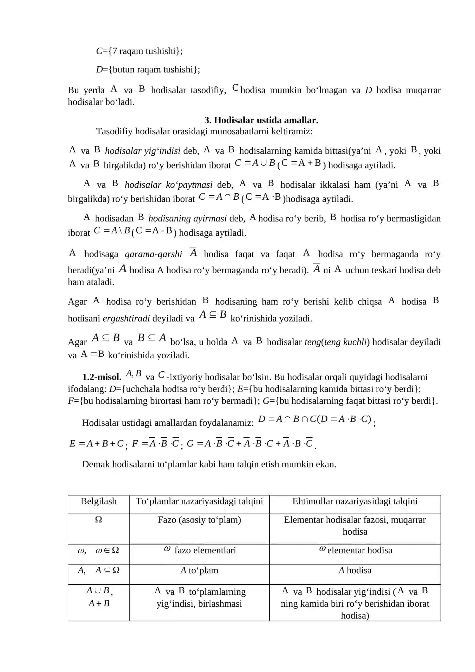 Stoxastik tajriba. Elementar hodisalar fazosi. Ehtimollar nazariyasining asoslari. 3