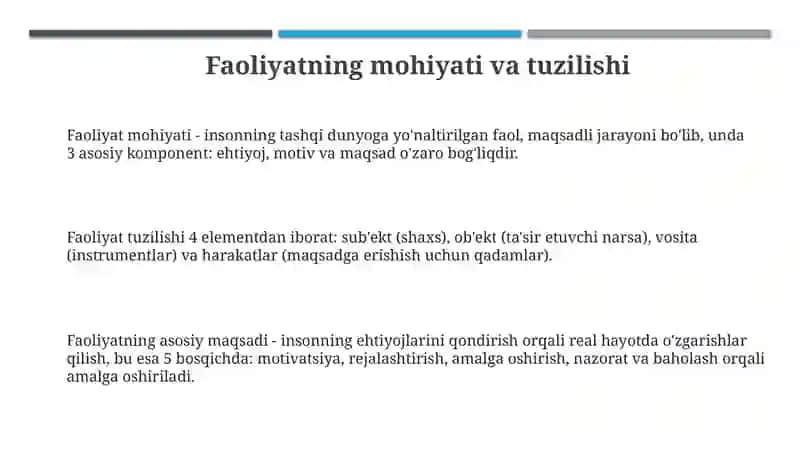 Faoliyatining tuzilishi va turlari 3