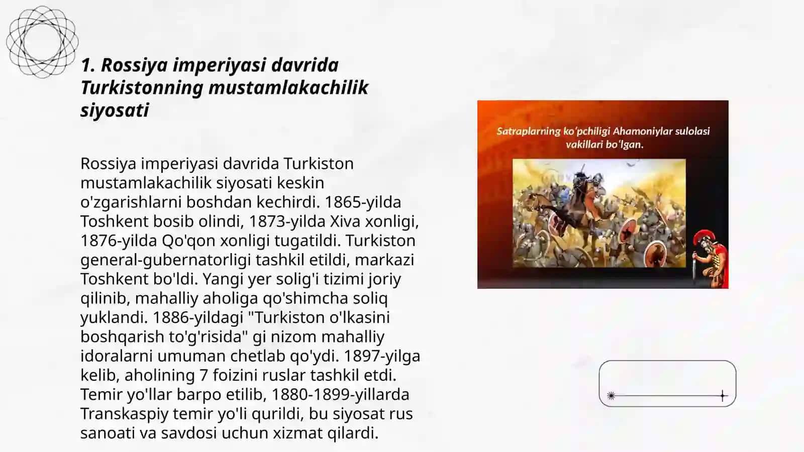 Rossiya imperiyasi va sovet hukmronligi davrida o'lkadagi ijtimoiy-iqtisodiy, siyosiy va ma'naviy jarayonlar 3