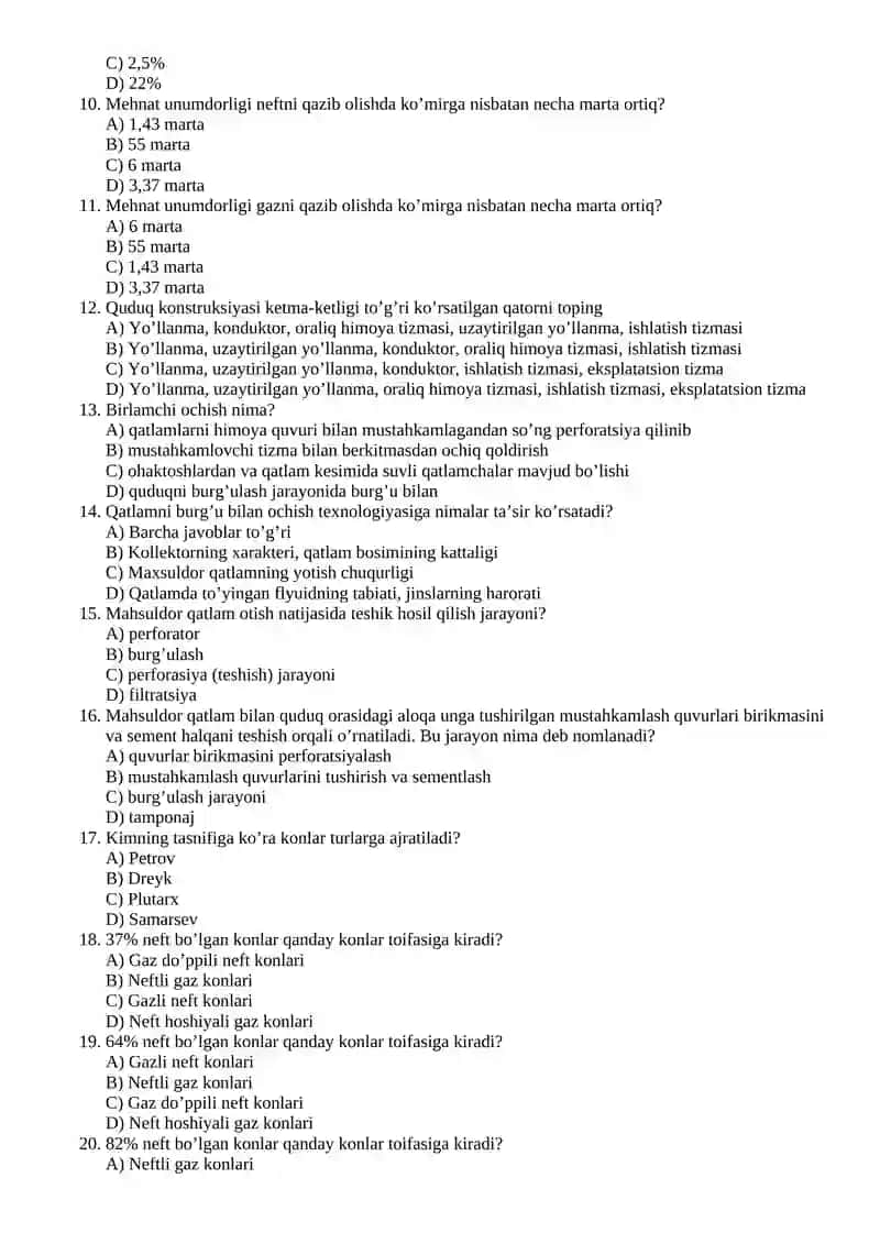 NEFT VA GAZ KONLARI GEOLOGIYASI 3-KURS SIRTQI TALIM TALABALARI UCHUN YAKUNIY NAZORAT TEST SAVOLLARI 3