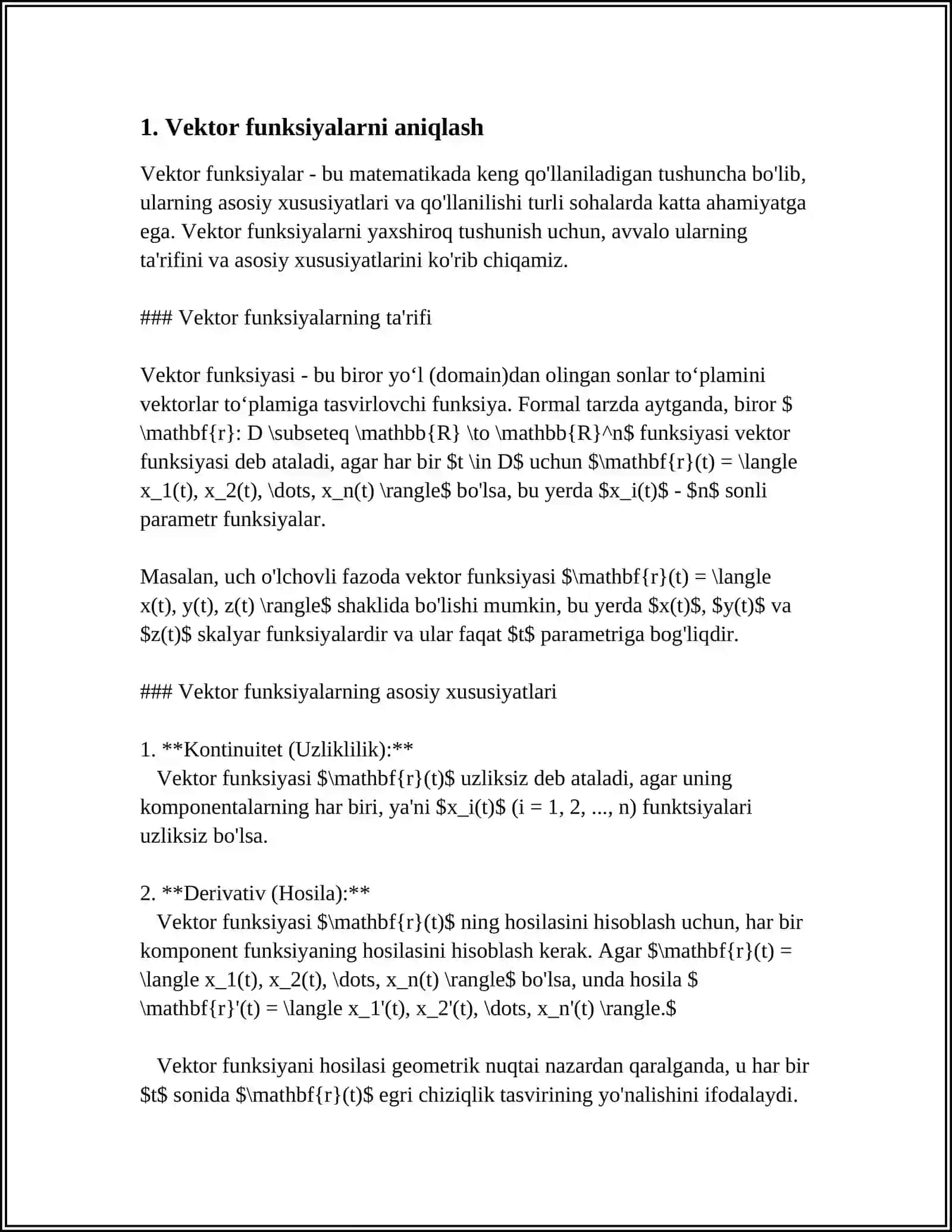 VEKTOR FUNKSIYA VA UNING LIMITI HOSILASI INTEGRALI 3