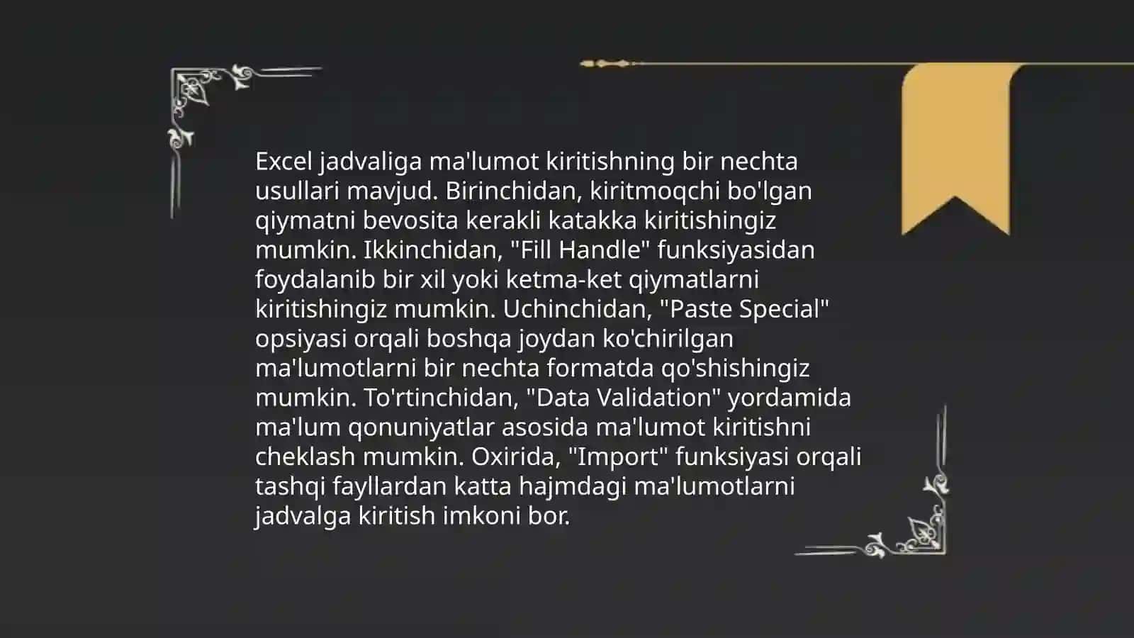Excel jadvalida ma'lumot kiritish usullari 3