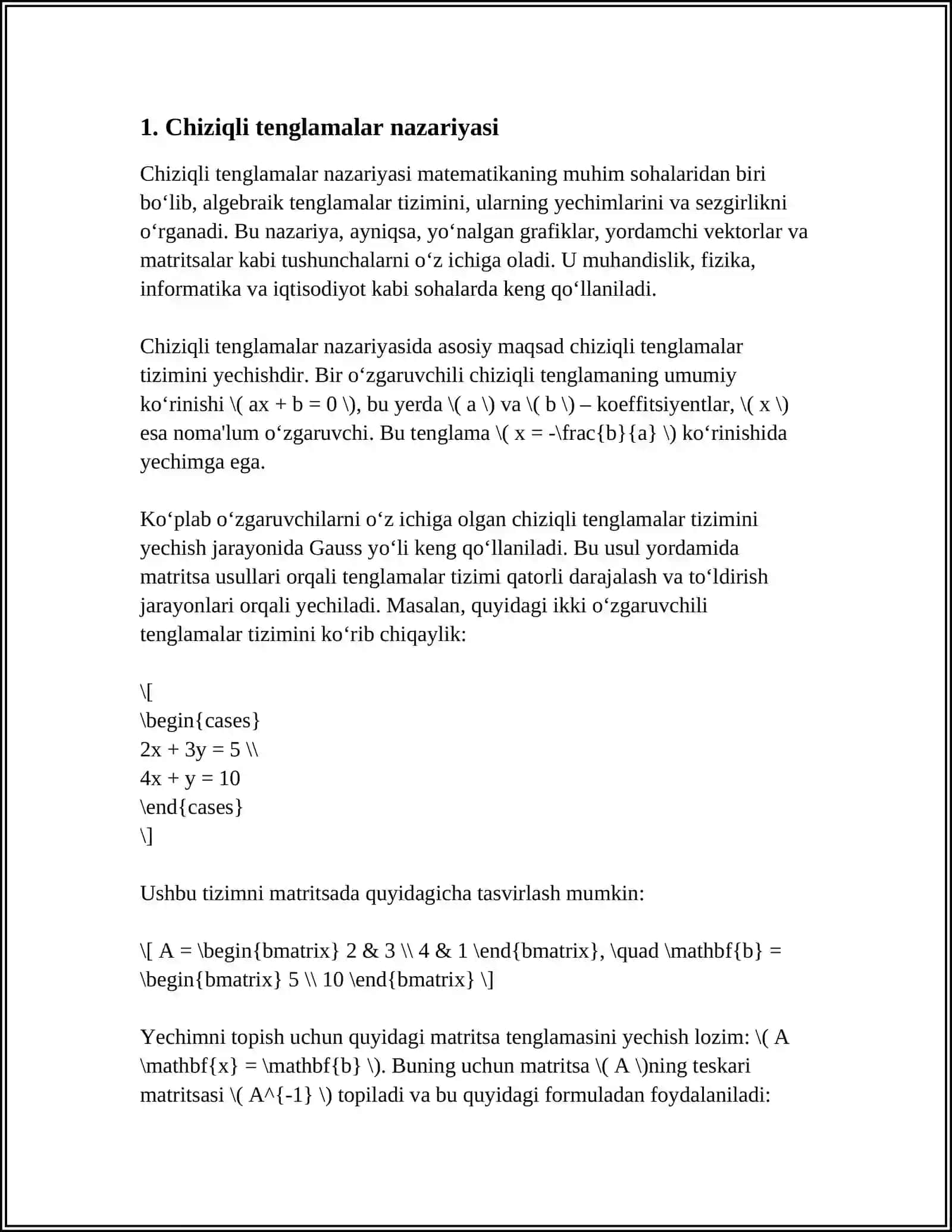 CHZIQLI TENGLAMALAR YECHISHNING MATRISA USULI 3