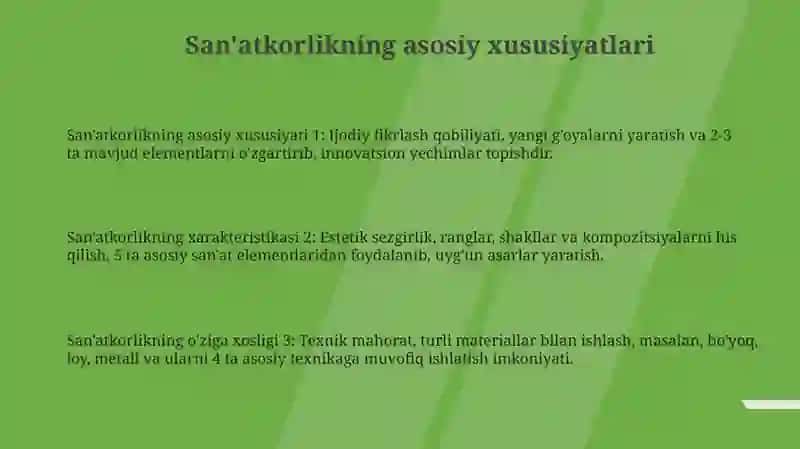 San'atkorlikning asosiy xususiyatlari 3