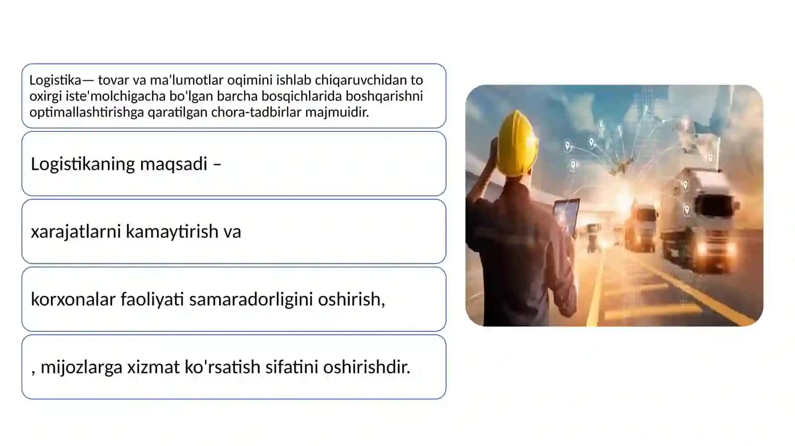 TRANSPORT VA LOGISTIKA TIZIMINI RIVOJLANTIRISH HAMDA HUDUDLARARO BOG‘LIQLIK VA IQTISODIY INTEGRATSIYANI KUCHAYTIRISH 3