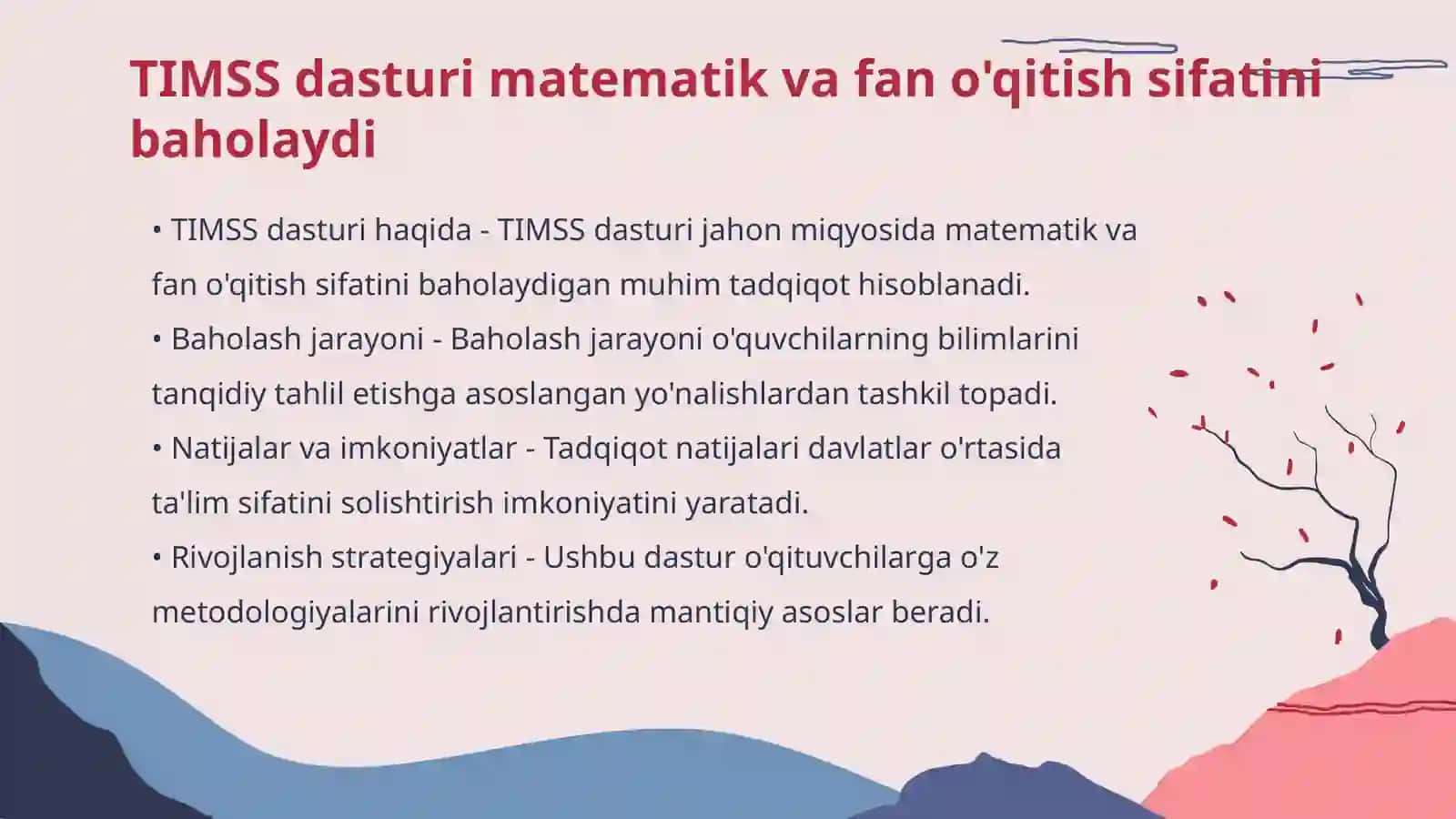 TIMSS, PIRLS, PISA, TALIS, EGMA, EGRA xalqaro baholash dasturi mazmun va mohiyati 3