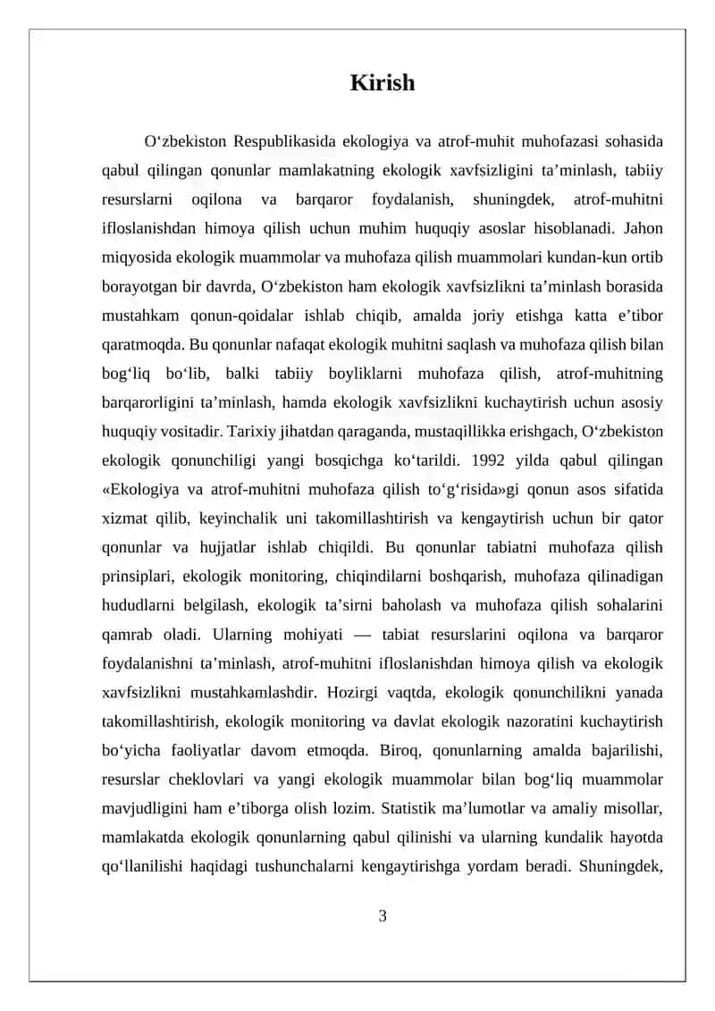 O'ZBEKISTON RESPUBLIKASIDA EKOLOGIYA VA ATROF-MUHIT MUHOFAZASI BO'YICHA QABUL QILINGAN QONUNLARNING MAZMUNI VA MOHIYATI 3