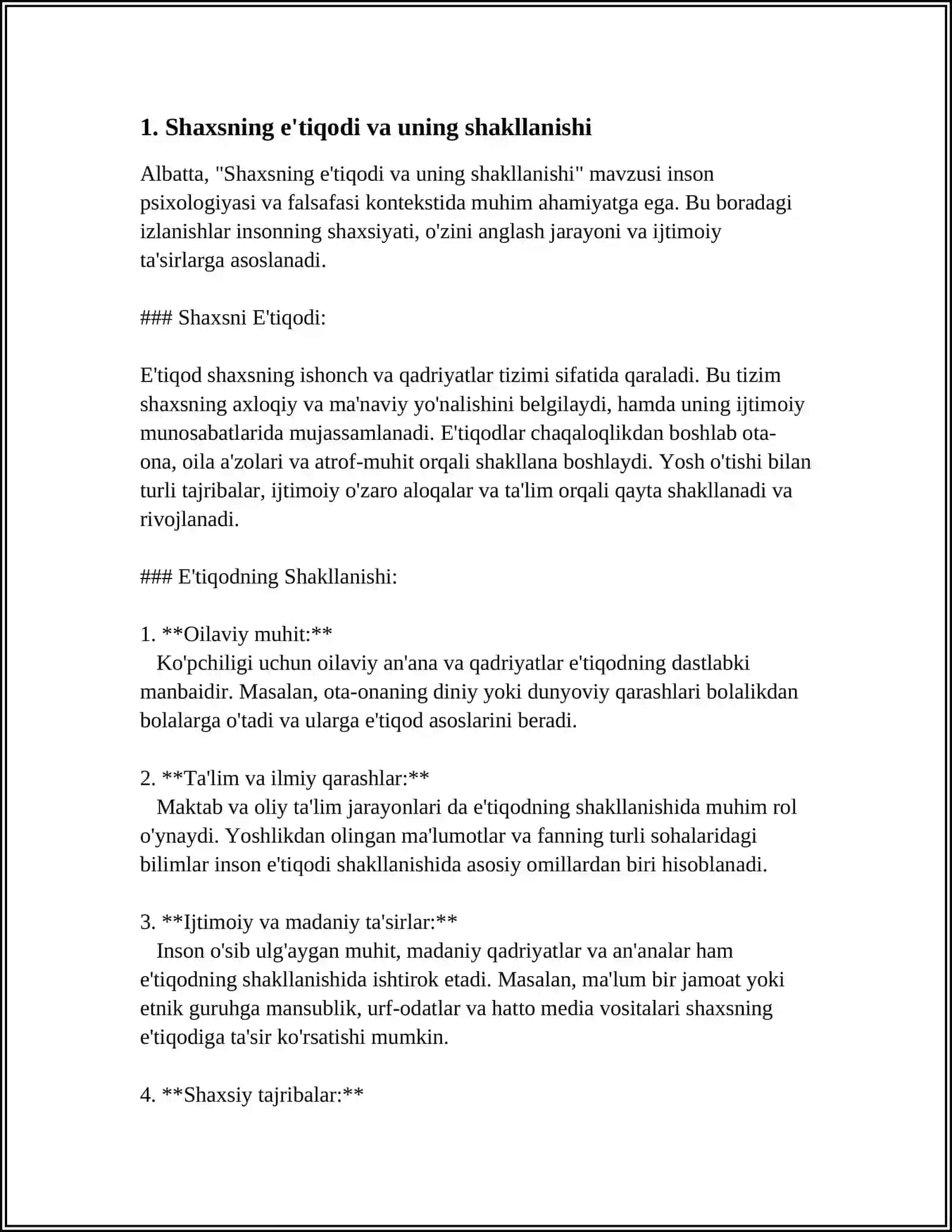 SHAXSNING EʼTIQODI VA DUNYOQARASHI REFERAT 3