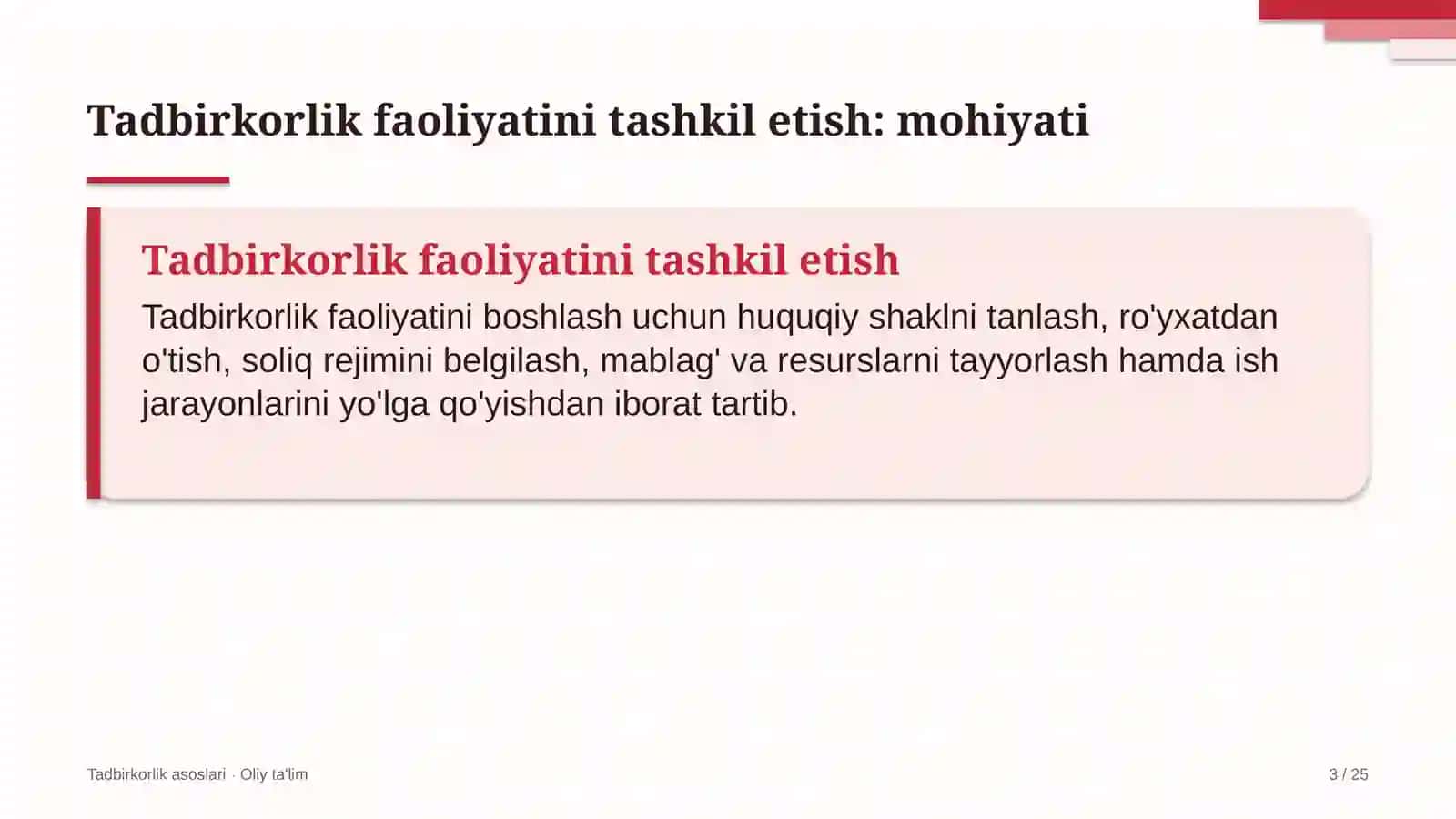 Tadbirkorlik asoslari · Oliy ta'limgi 3