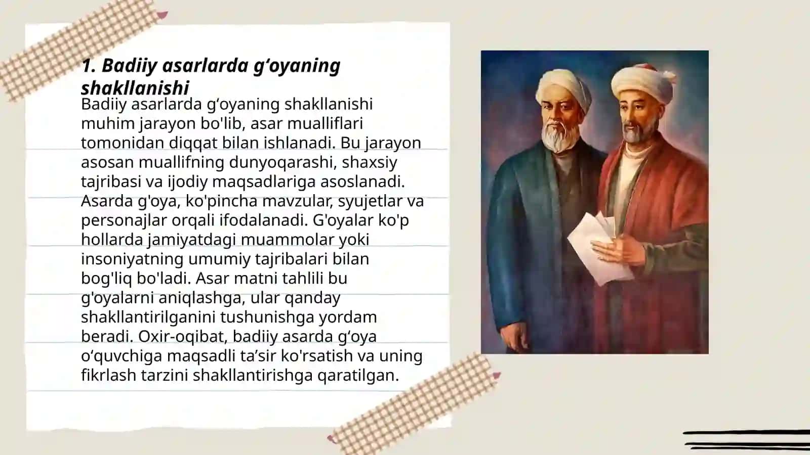 Badiiy asar gʻoyasi mavzusi va estetik ideal 3