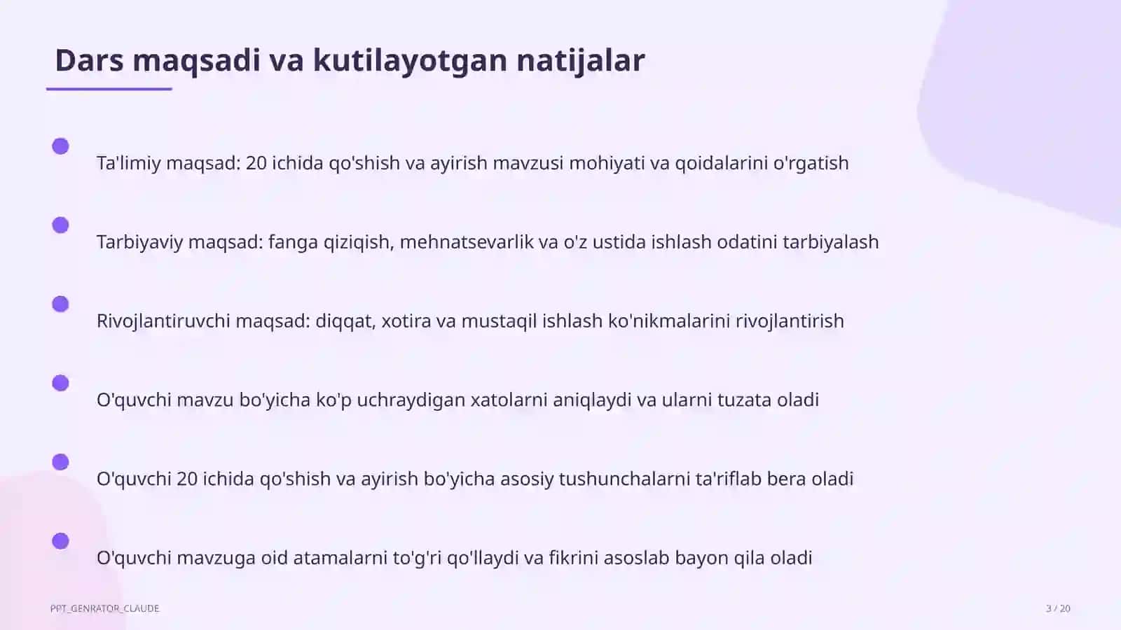 Boshlang'ich sinf: Matematika (1– 3