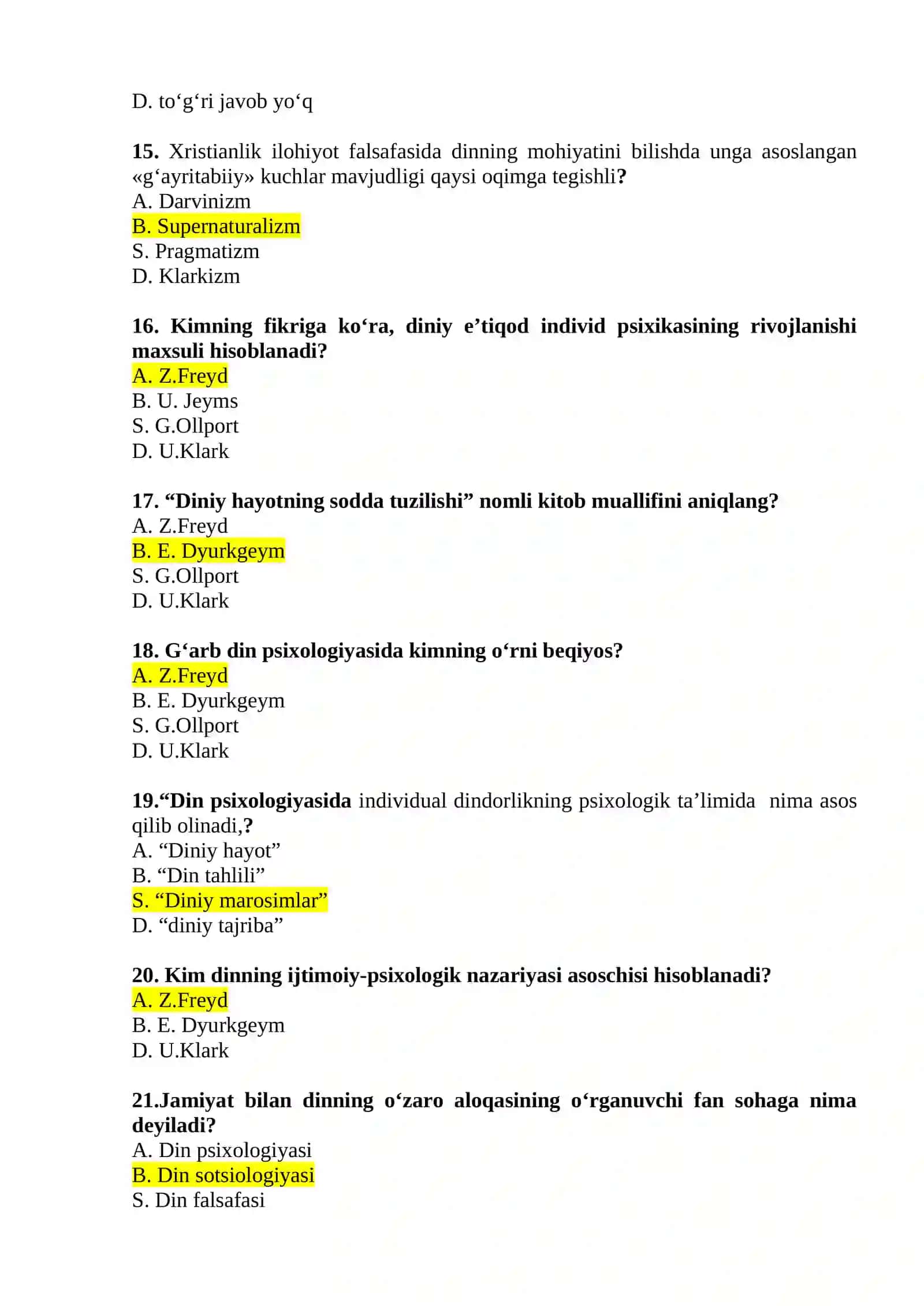 Dinshunoslik fanidan YN uchun testlar 3