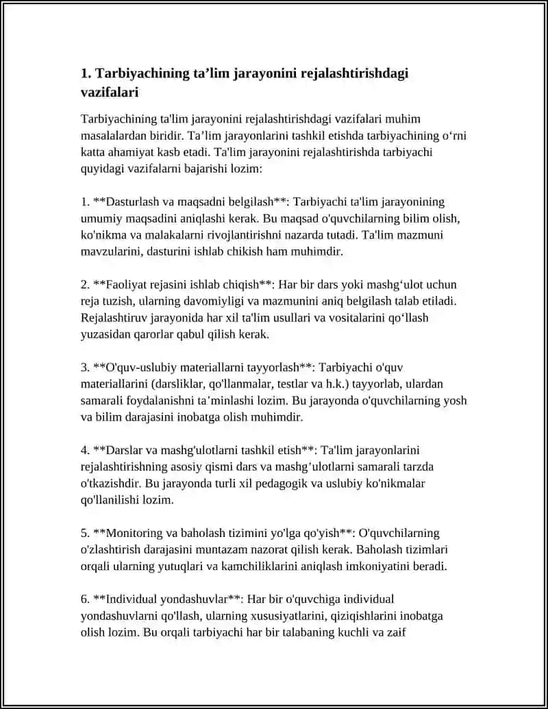 Tarbiyachining taʼlim jarayonini rejalashtirishdagi vazifalari 3