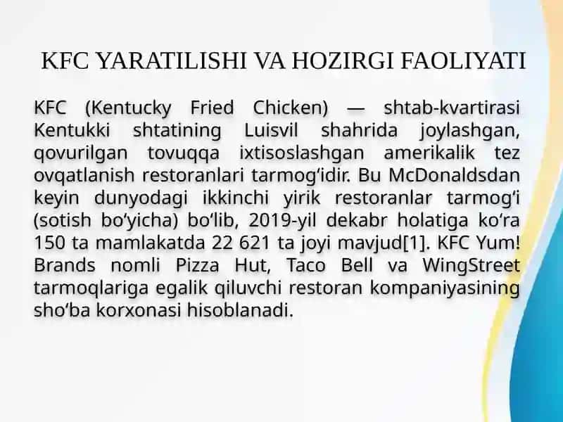 KFC YARATILISHI VA HOZIRGI FAOLIYATI 3
