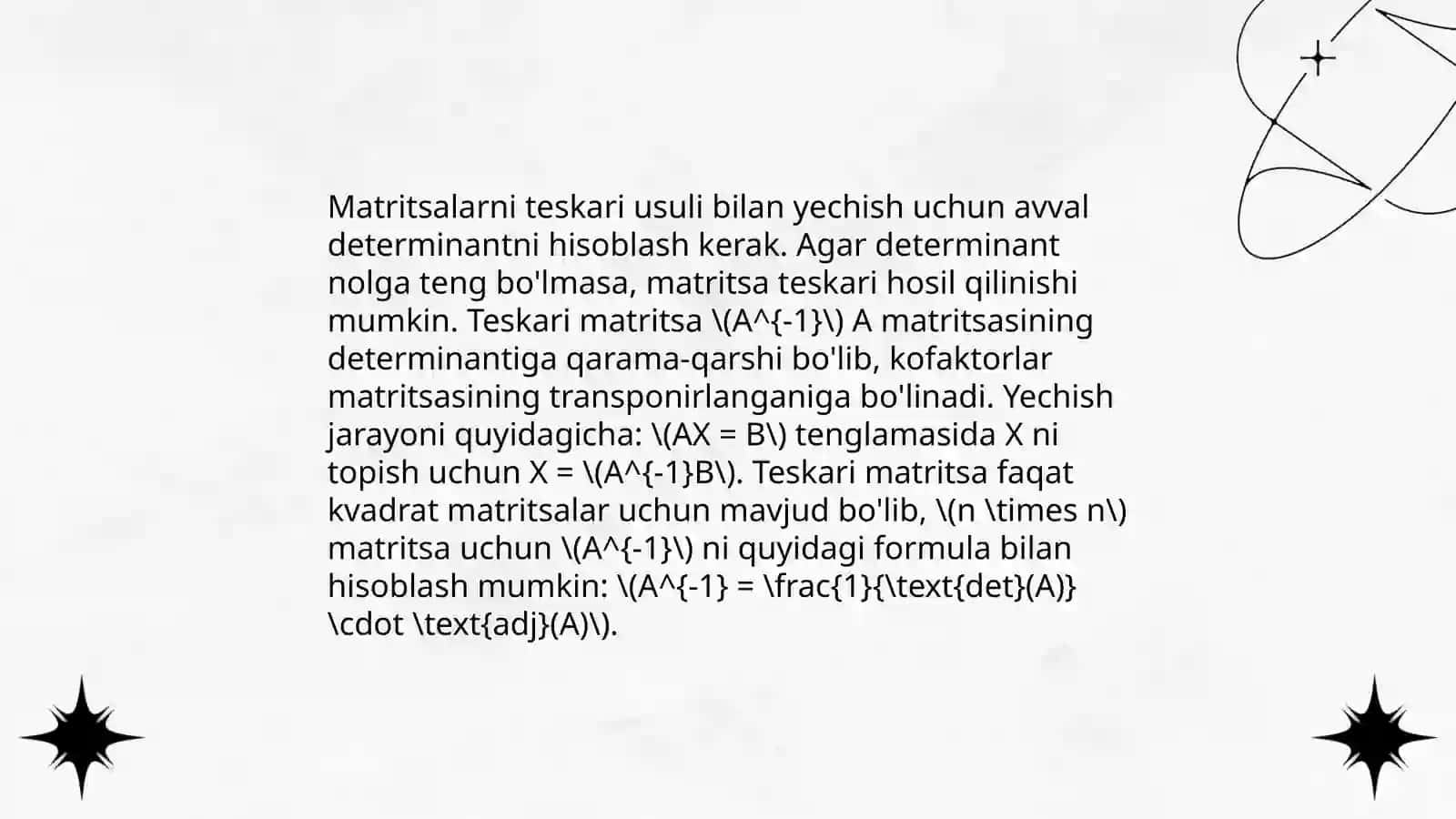 Chiziqli algebraik tenglamalar sistemasini teskari matritsa usuli yordamida yechish 3
