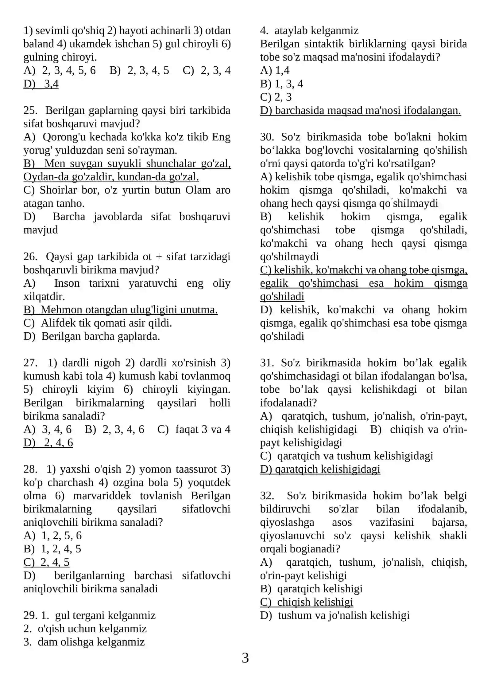 So'z birikmasi, gap bo'laklari testlar 3
