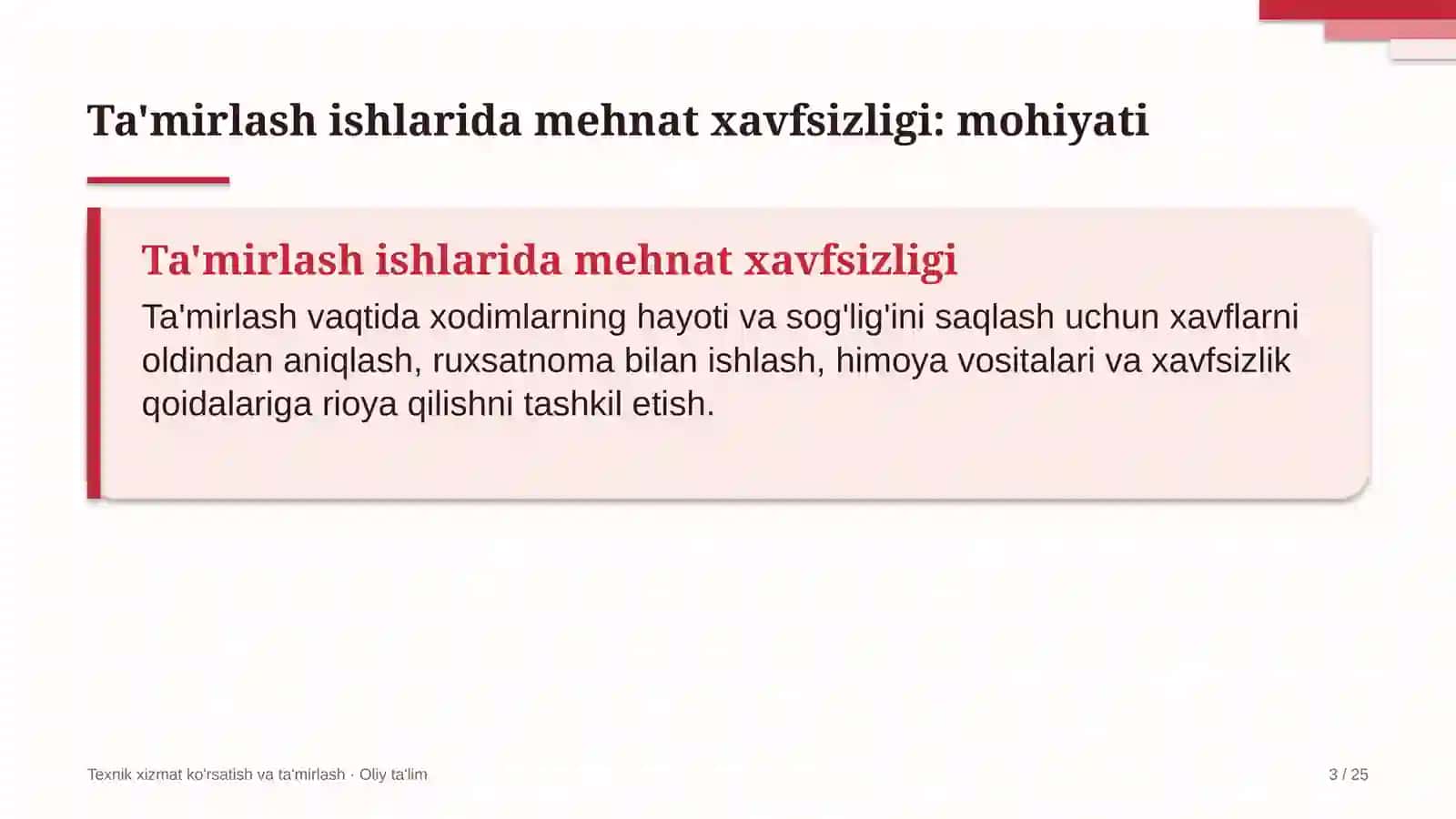 Loyiha institutlarida ta'mirlash ishlarida mehnat xavfsizligini ta'minlash 3