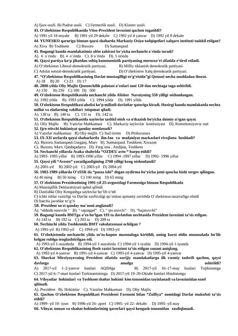 O’ZBEKISTONNING ENG YANGI TARIXI FANIDAN TESTLAR TO’PLAMI 3