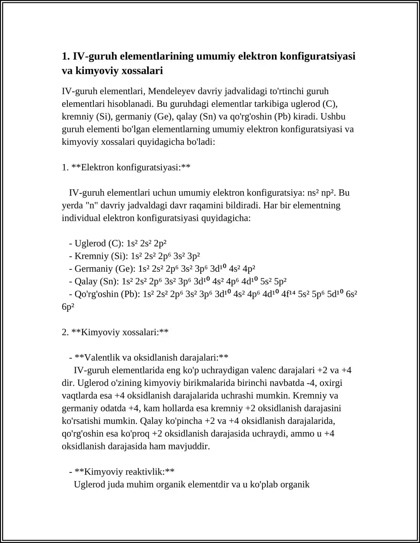 IV-guruh elementlarining umumiy elektron konfiguratsiyasi va kimyoviy xossalari 3