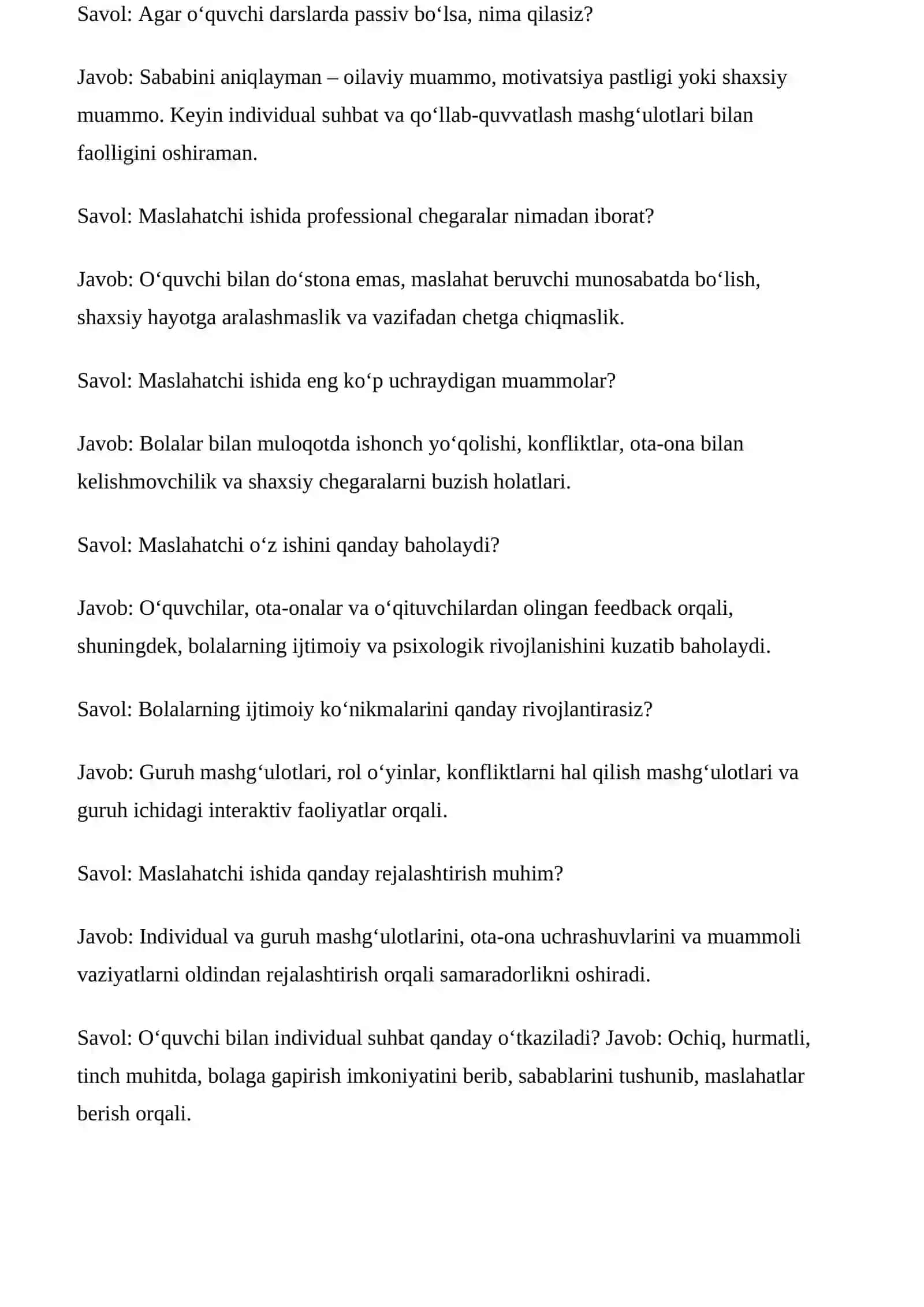 Maktab maslaxatchiligi savol javob 3