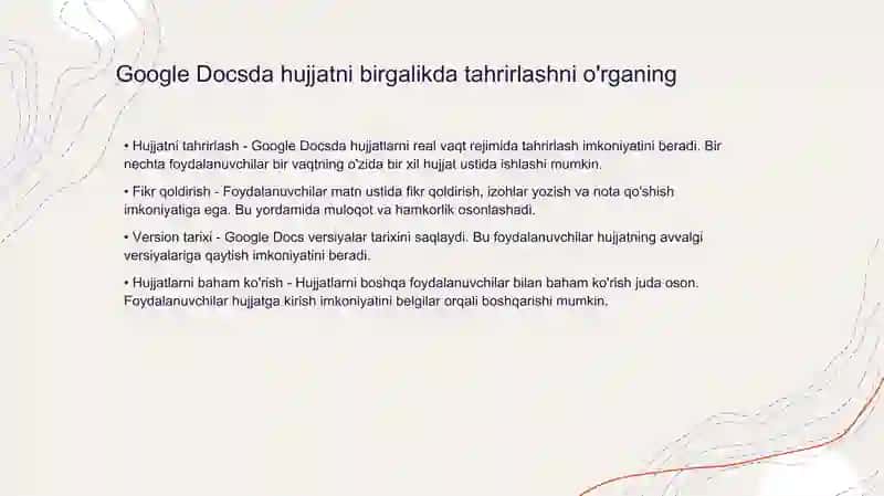 Google Docs hujjatni birgalikda tahrirlash. Google Docsda matnni tahrirlash vositalari 3