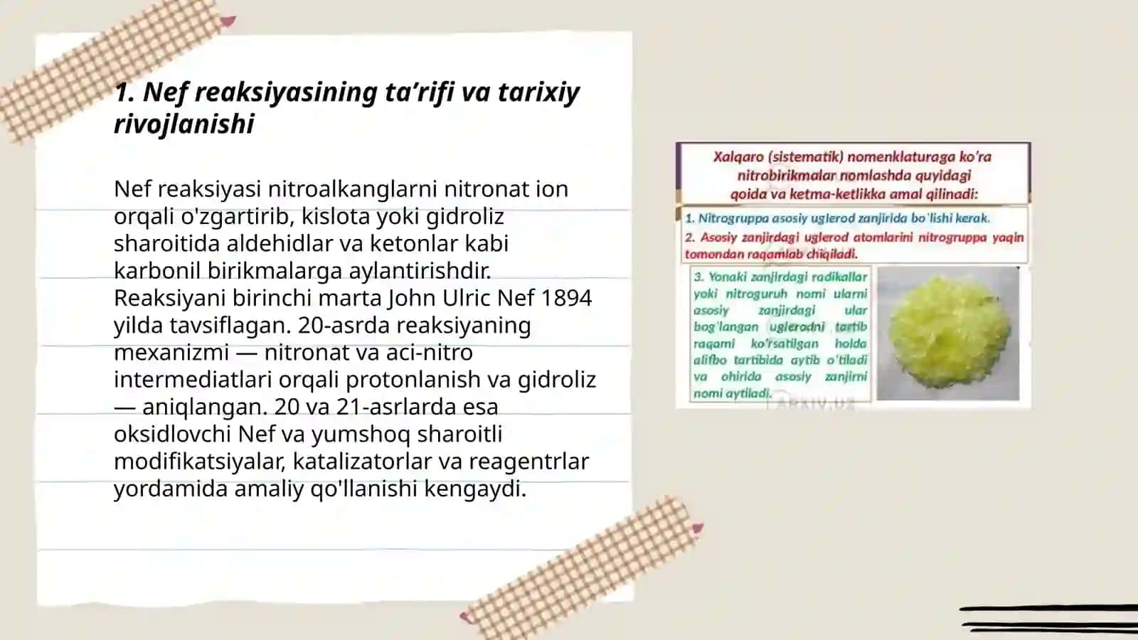 Neft reaksiya si. Nitrobirikmalardan karbonil birikmalar olish 3