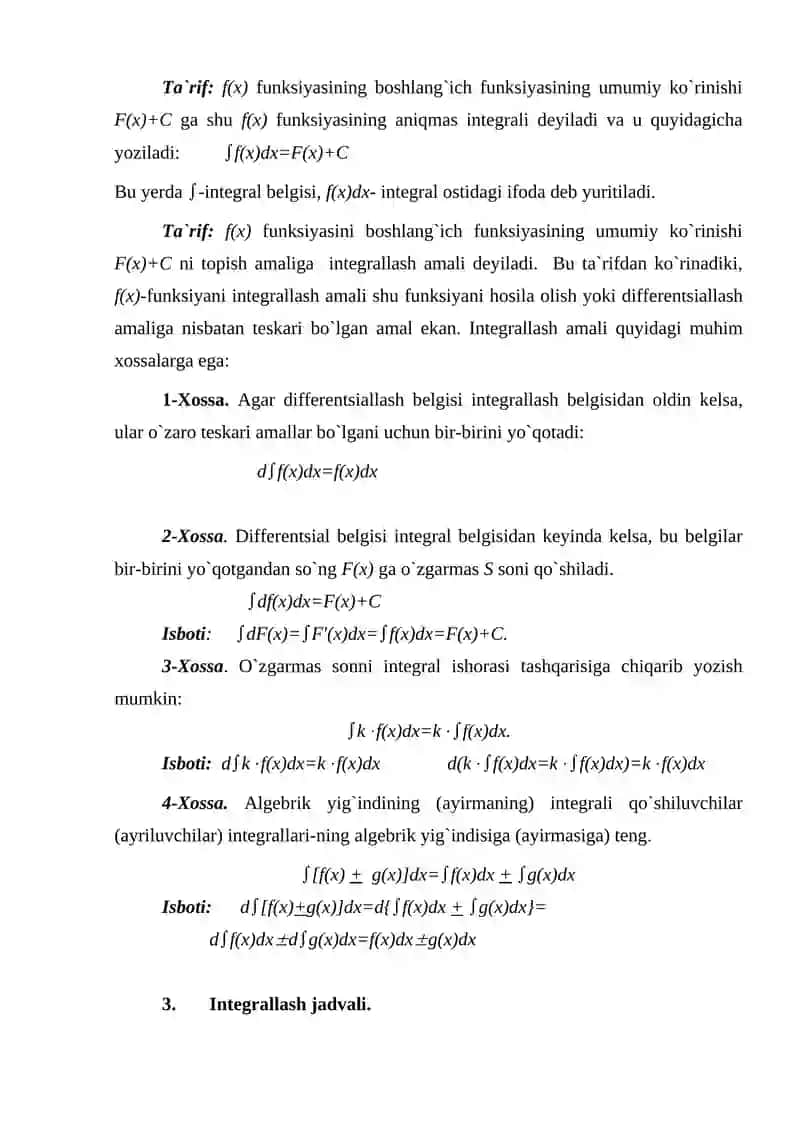 Boshlang`ich funksiya va aniqmas integral. Aniqmas integralning asosiy xossalari 3
