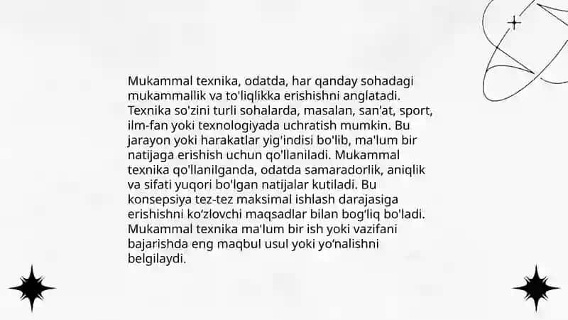 Mukammal texnika deganda nimani tushunasiz 3