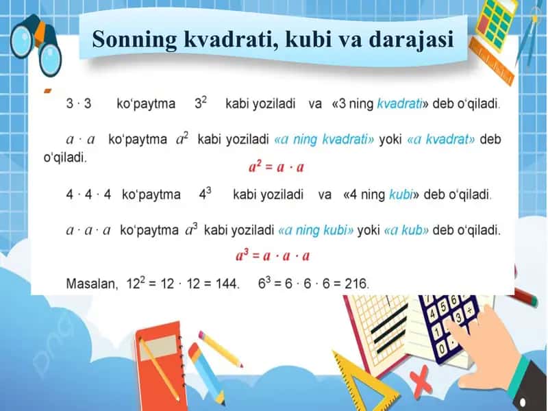 Sonning kvadrati, kubi va darajasi 3