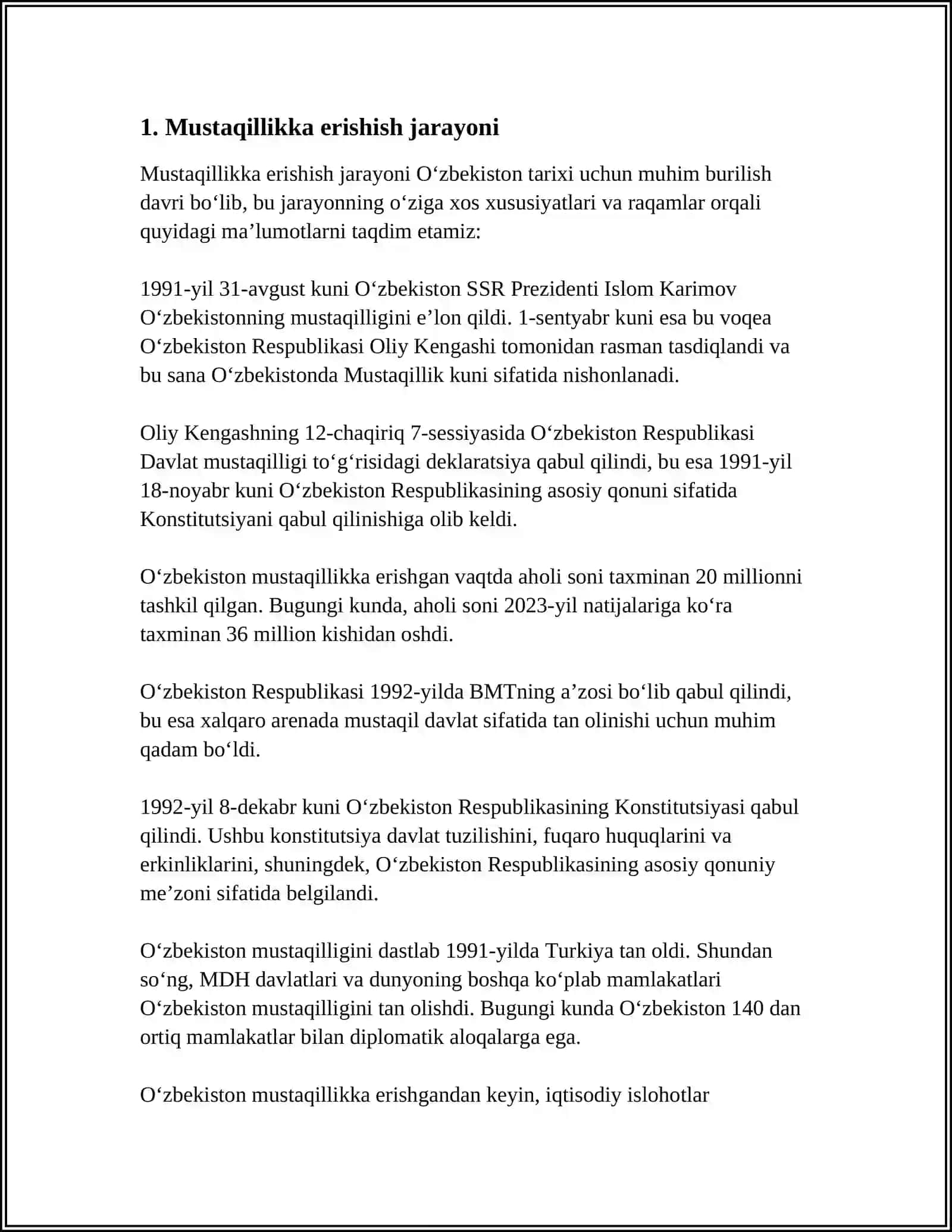 MUSTAQILLIKKA ERISHISH ARAFASIDA OʻZBEKISTONDAGI IJTIMOIY SIYOSIY JARAYONLAR OʻZBEKISTON RESPUBLIKASINING TASHKIL TOPISHI VA UNING TARIXIY AHAMIYATI OʻZBEKISTONNING OʻZIGA XOS ISTIQLOL VA TARAQQIYOT YOʻLI 2024-2025-o'quv yili 3