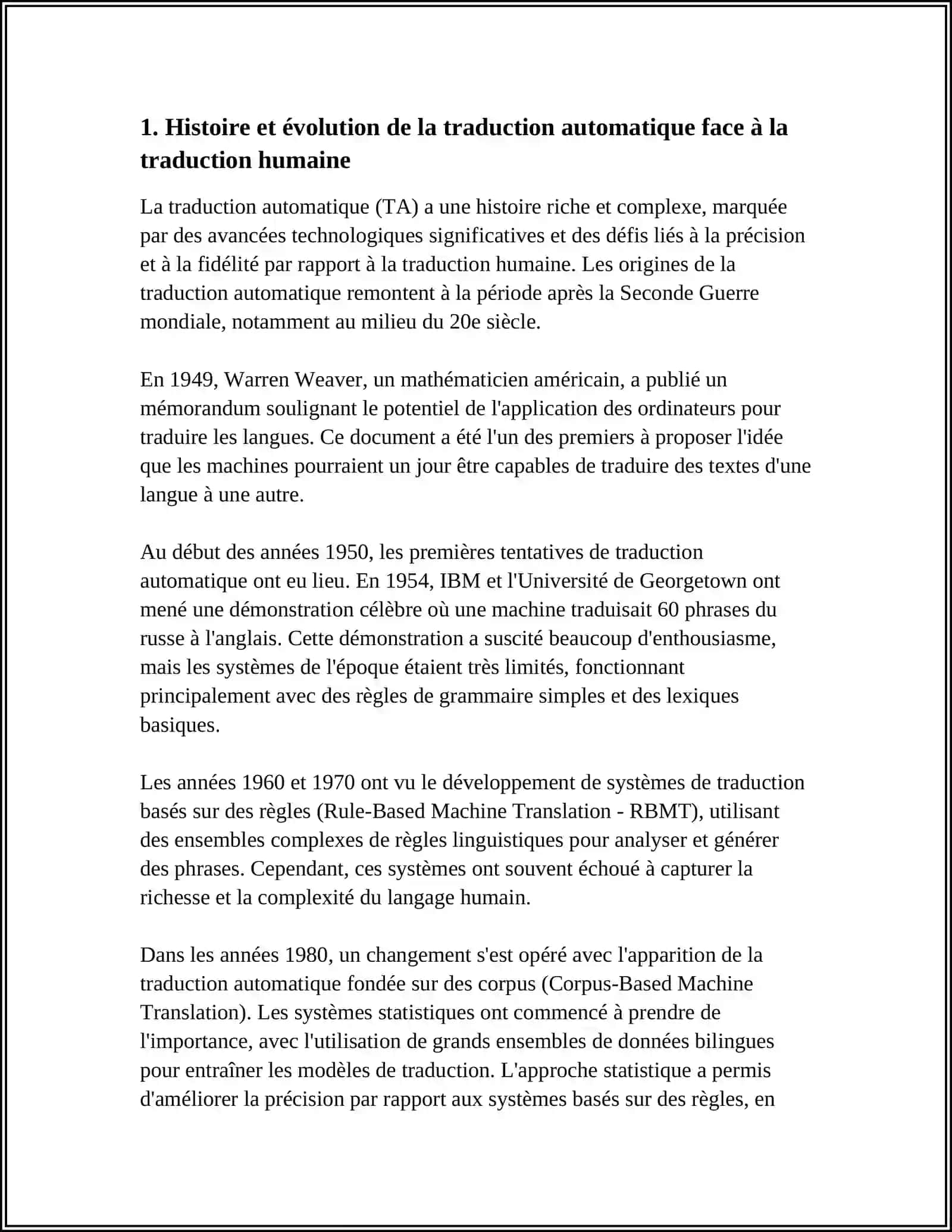 LA TRADUCTION AUTOMATIQUE FACE À LA TRADUCTION HUMAINE- Tags (comma-separated): traduction automatique, traduction humaine, histoire de la traduction- Description: Analyse de l'évolution de la traduction automatique par rapport à la traduction humaine, en mettant en évidence les défis et les avancées technologiques. Mention des approches statistique, neuronale et humaine. Comparaison des qualité et des métriques utilisées dans l'évaluation. - Category: Referatlar/Iqtisodiyot 3