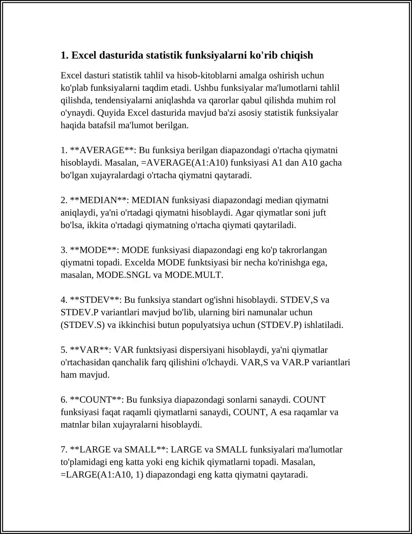 MS EXCEL DASTURIDA STATISTIK FUNKSIYALARDAN FOYDALANISH 3