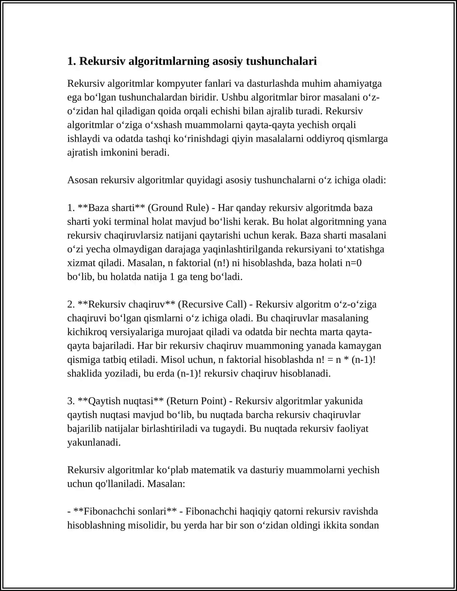 REKURSIV VA SARALASH ALGARITMLARIGA OID ALGARITMLAR TUZING 3