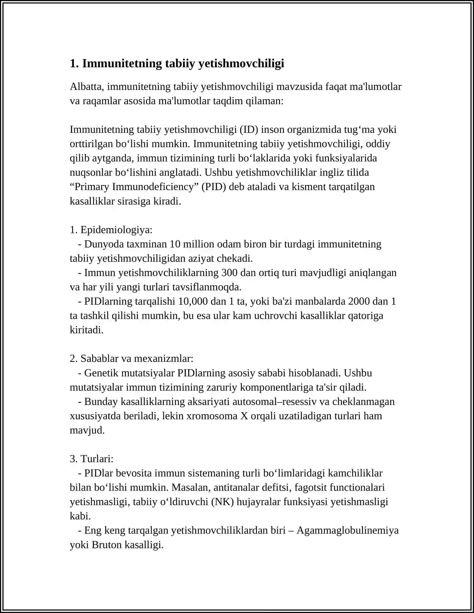IMMUNITET TANQISLIGI HOLATLARI(TUGA,HAYOT DAVOMIDA ORTTIRILGAN). IMMUN PROFILAKTIKA VA IMMUN TERAPIYA ASOSLARI 3