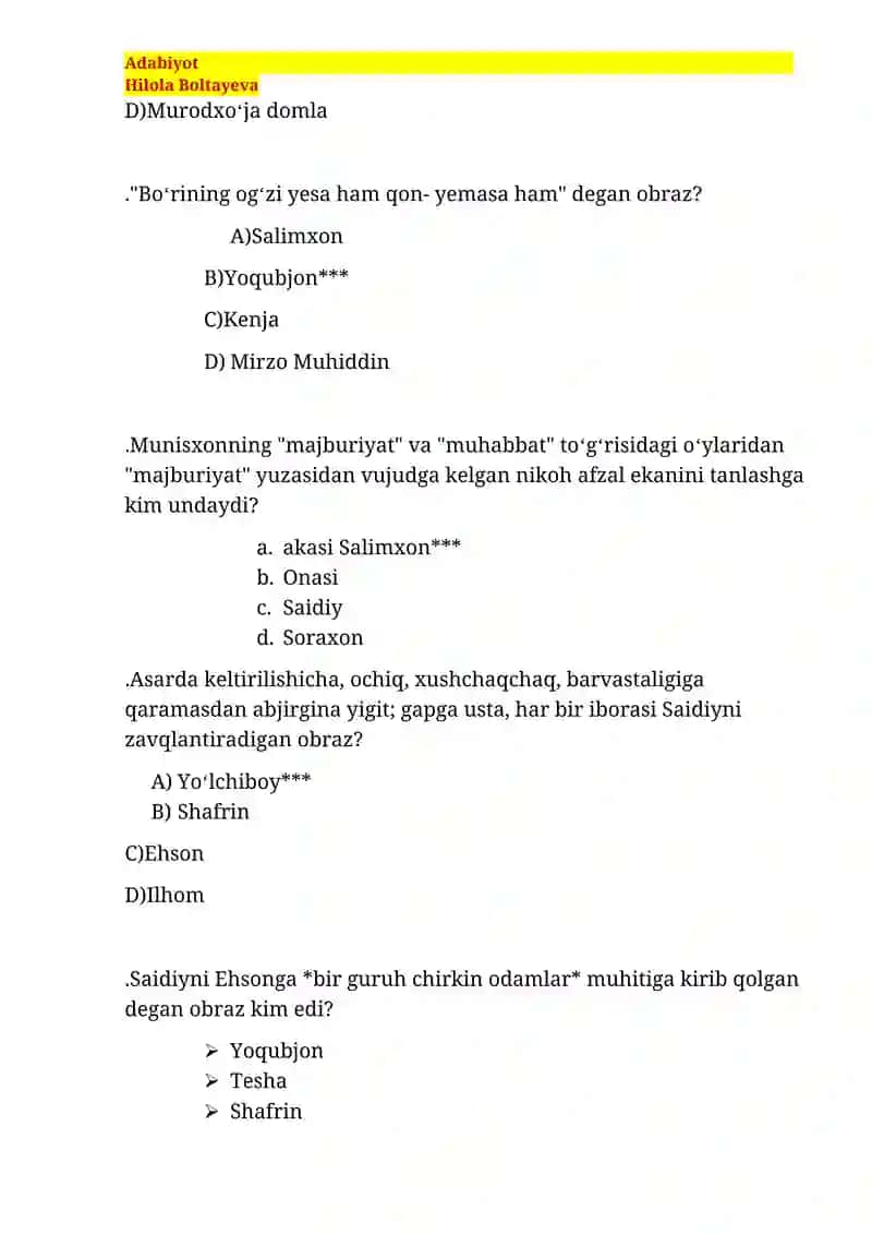 Abdulla Qahhor “Sarob” romani test 3