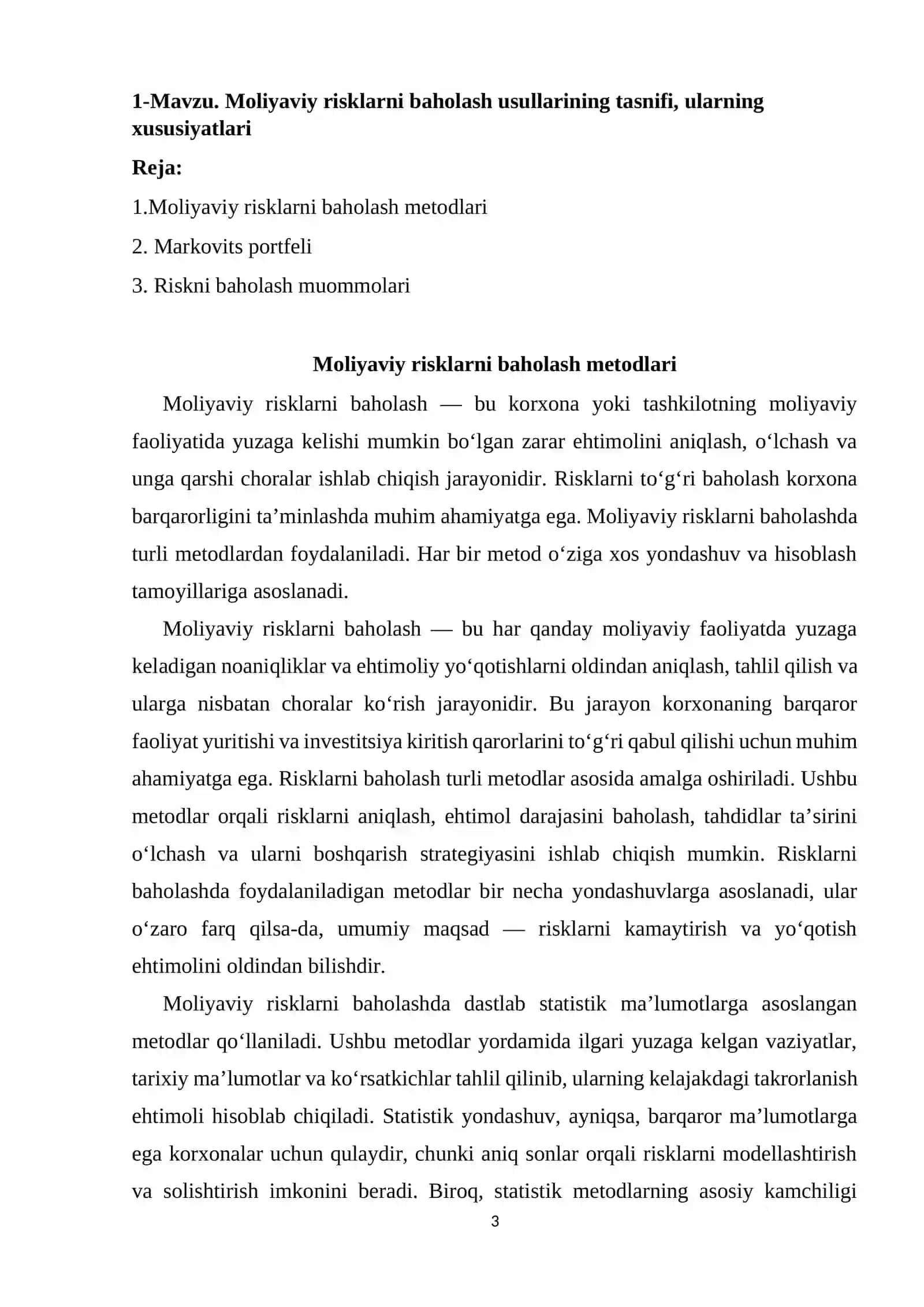 Moliyaviy risklar nazariyasi 3