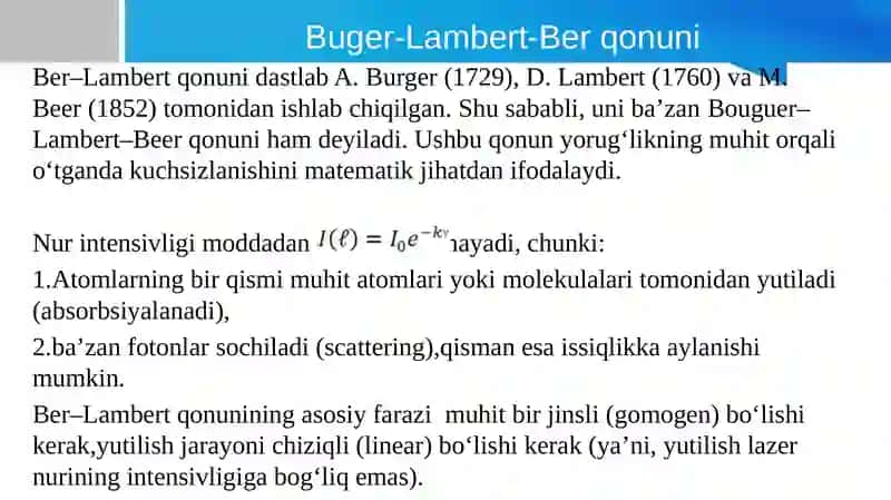 Ber-Buger qonunini hisoblab chiqarish va yutilish koeffitsiyentini tahlil qilish 3