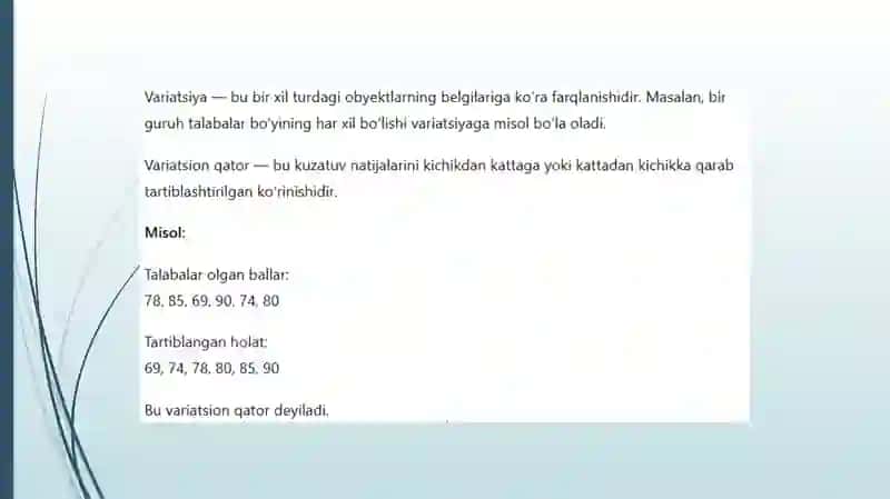 Matematik statistika asoslari. Variatsion qator. O‘rtacha qiymat. Dispersiya 3
