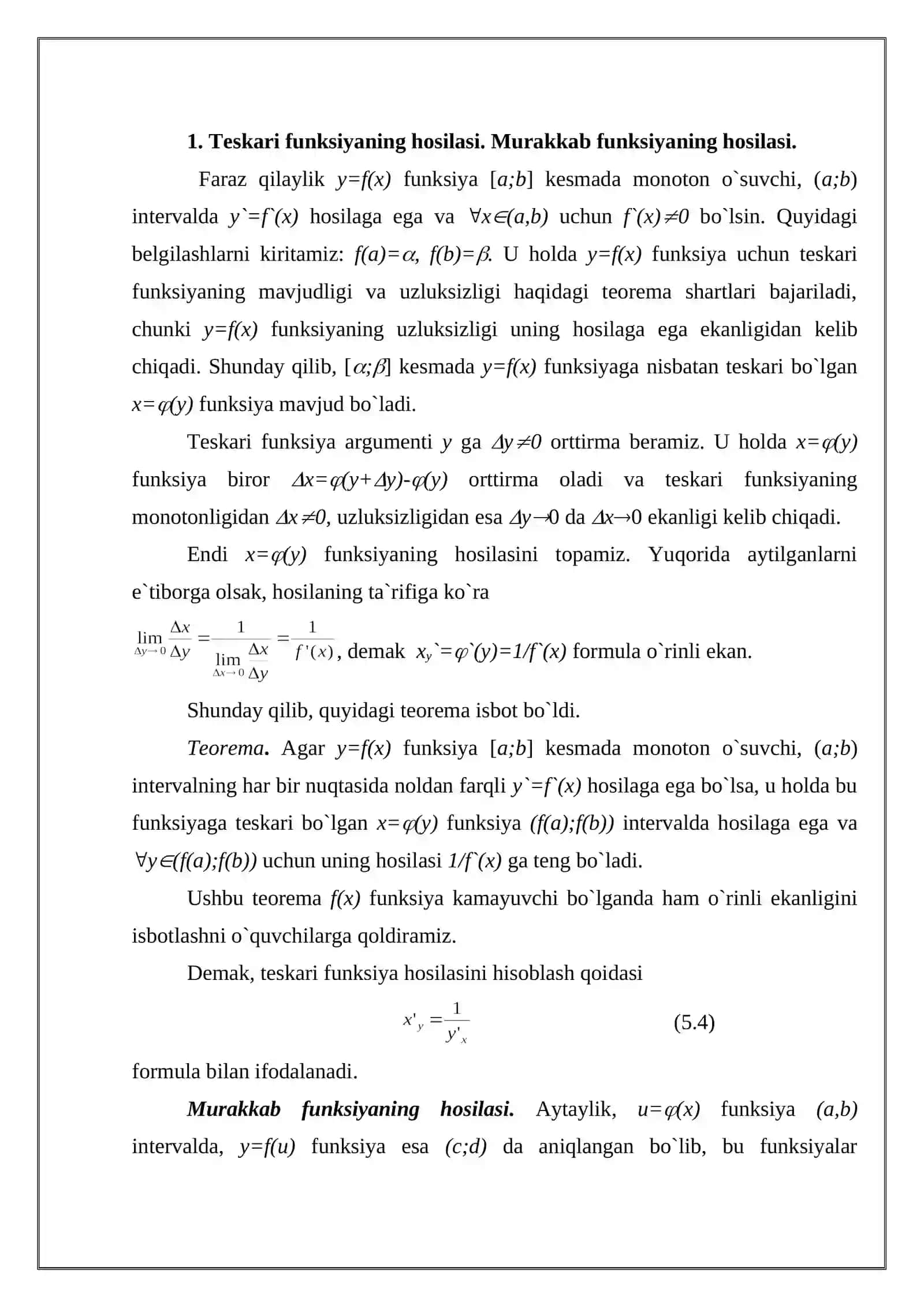 TESKARI FUNKTSIYANING HOSILASI 3