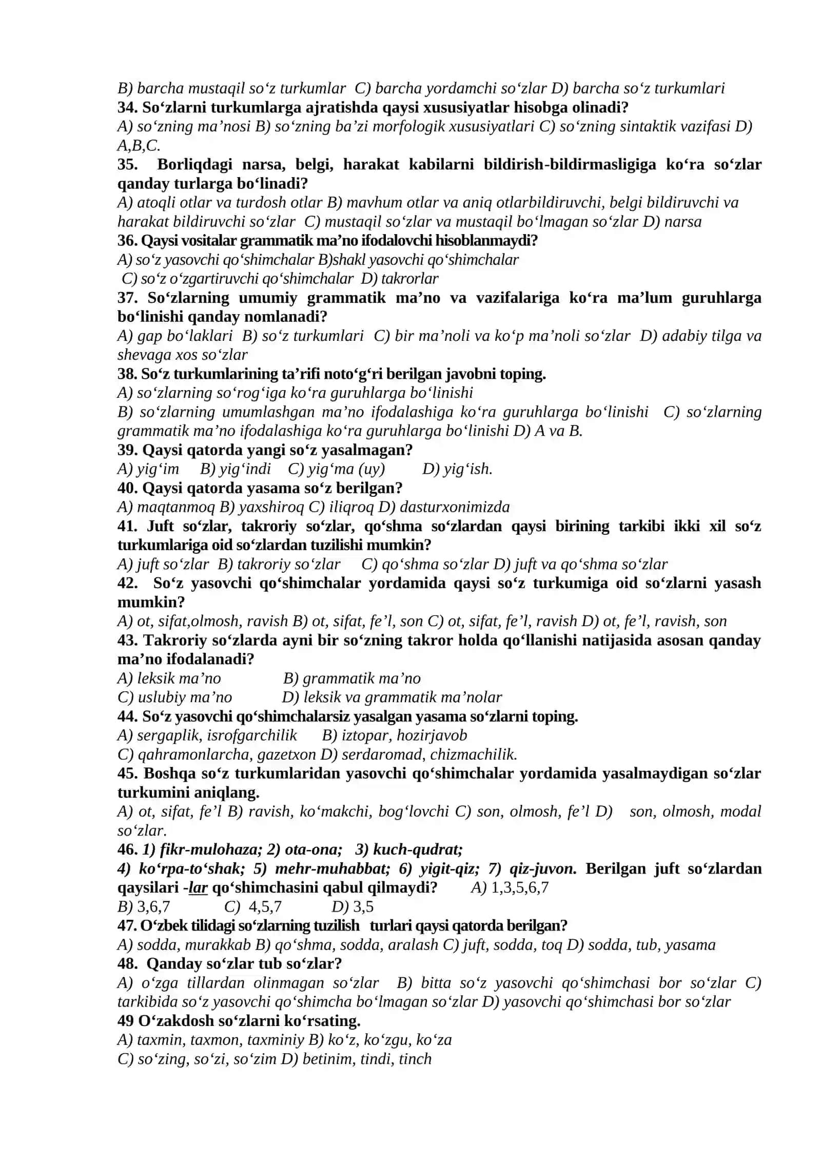 O'zbek tili grammatikasi testlari 3