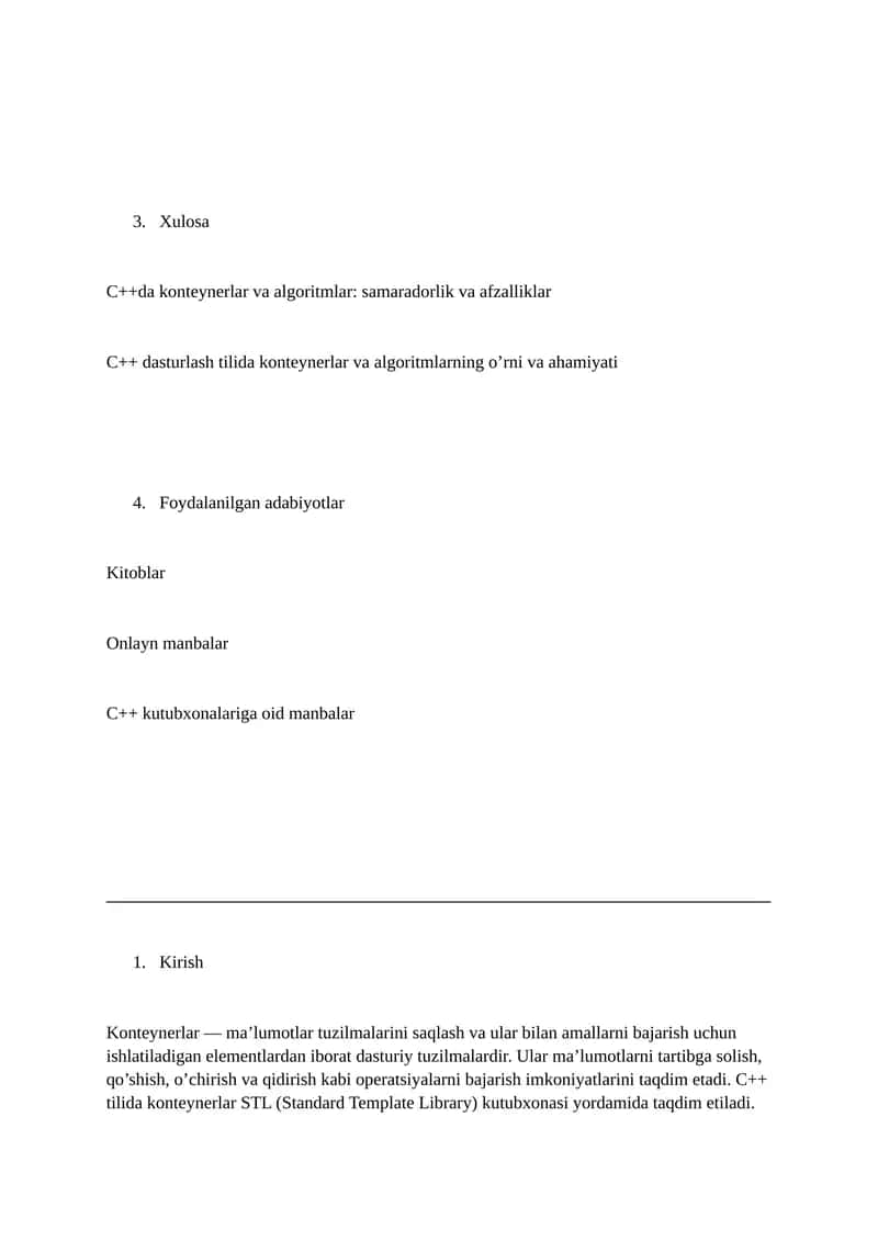 Mustaqil ish: Konteynerlar bilan ishlaydigan algoritmlar (C++ tilida) 3
